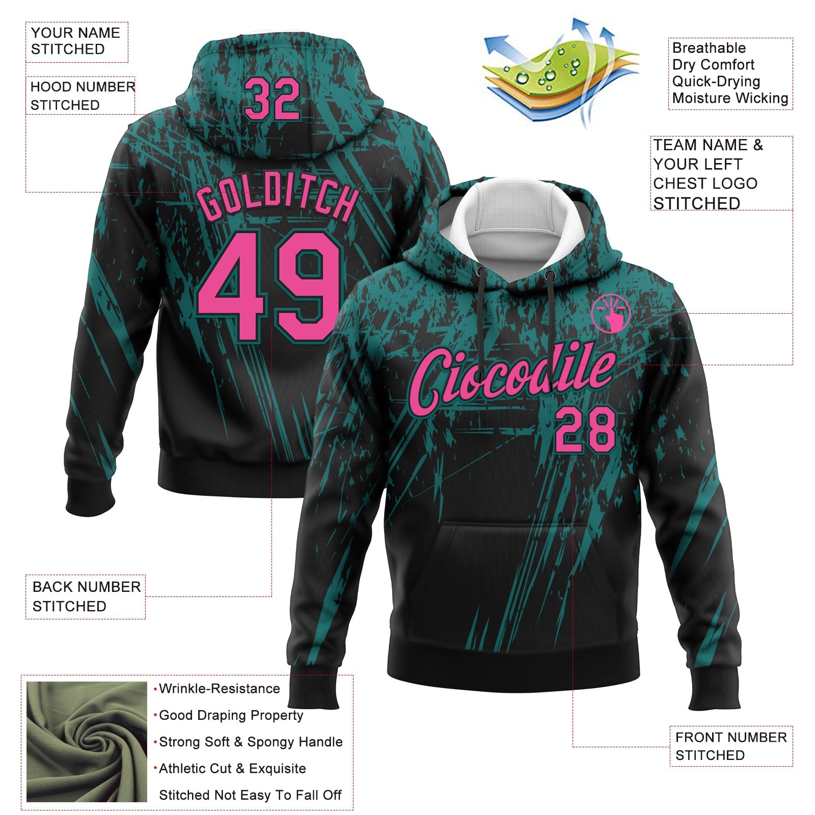 Custom Stitched Black Pink-Teal 3D Pattern Design Splash Grunge Art Sports Pullover Sweatshirt Hoodie