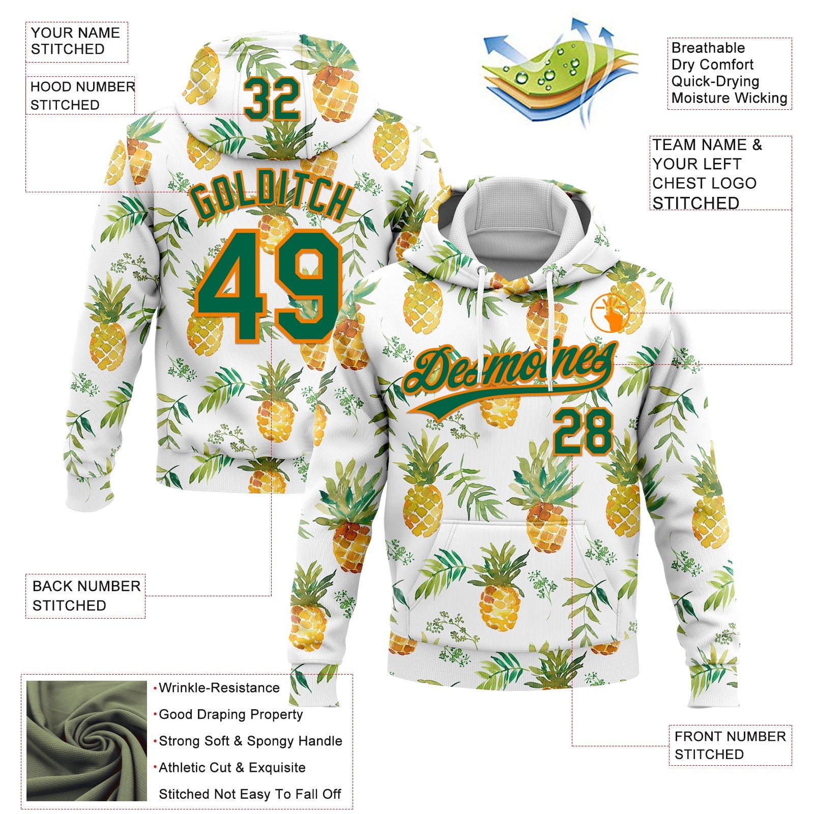 Custom Stitched White Kelly Green-Bay Orange 3D Pattern Design Fruit Pineapples Sports Pullover Sweatshirt Hoodie