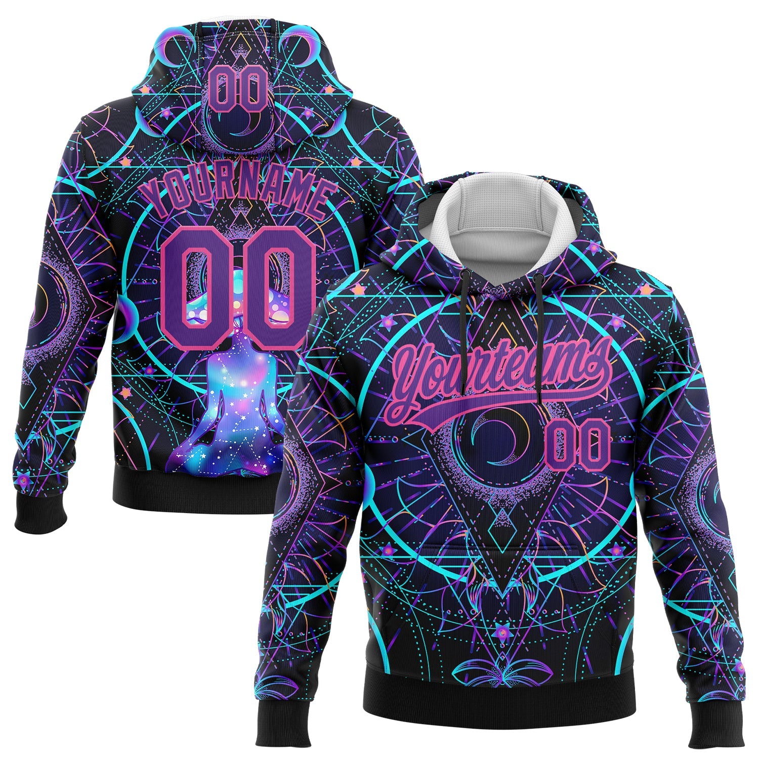 Custom Stitched Black Purple-Pink 3D Pattern Design Magic Mushrooms Over Sacred Geometry Psychedelic Hallucination Sports Pullover Sweatshirt Hoodie
