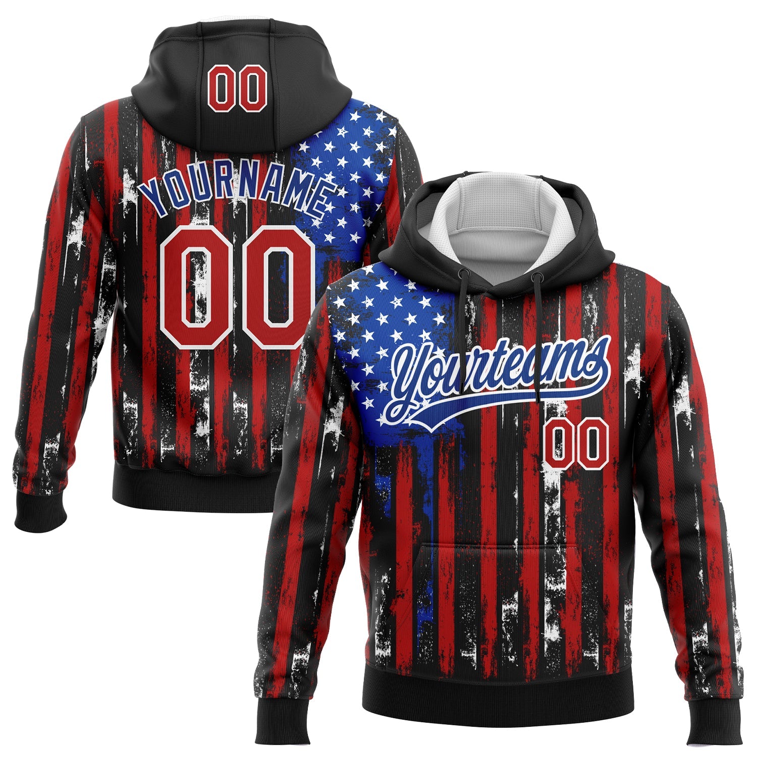 Custom Stitched Black Red Royal-White 3D Distressed American Flag Sports Pullover Sweatshirt Hoodie