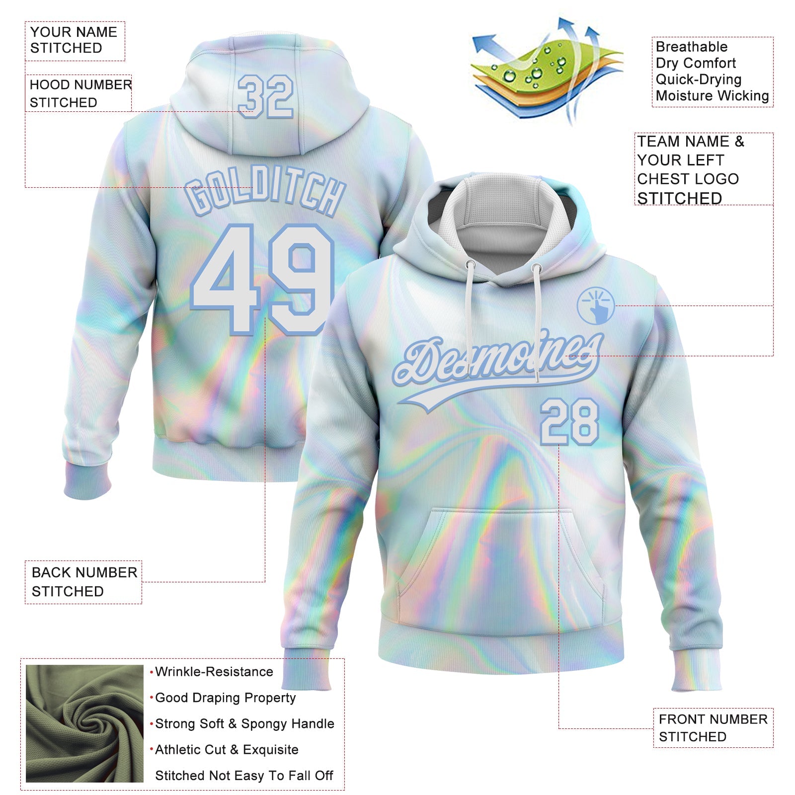 Custom Stitched White Light Blue 3D Pattern Design Abstract Trendy Holographic Vaporwave Style Sports Pullover Sweatshirt Hoodie