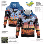 Custom Stitched Blue Light Blue-White 3D Hawaii Palm Trees Sports Pullover Sweatshirt Hoodie
