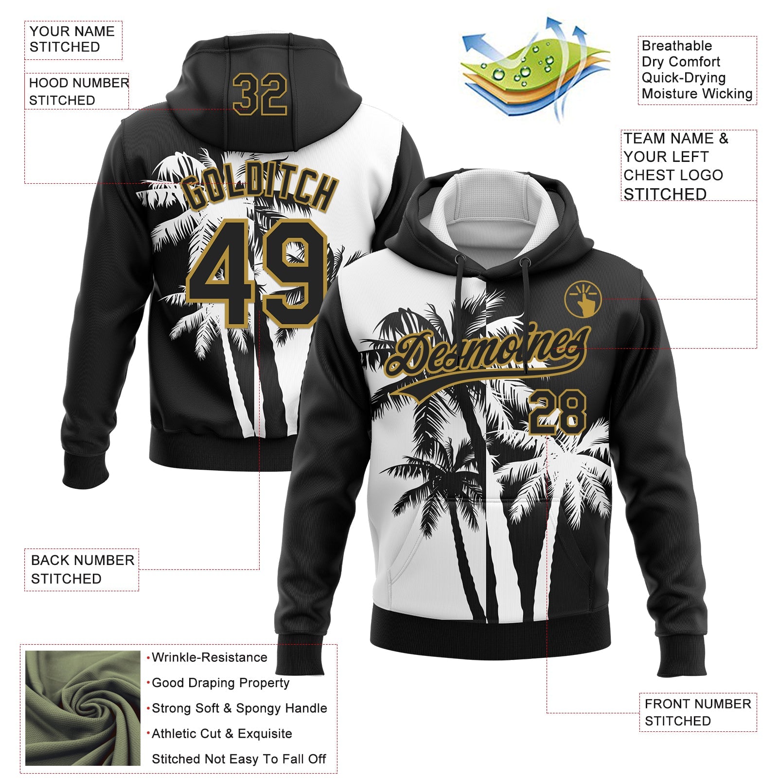 Custom Stitched Black White-Old Gold 3D Hawaii Coconut Trees Sports Pullover Sweatshirt Hoodie