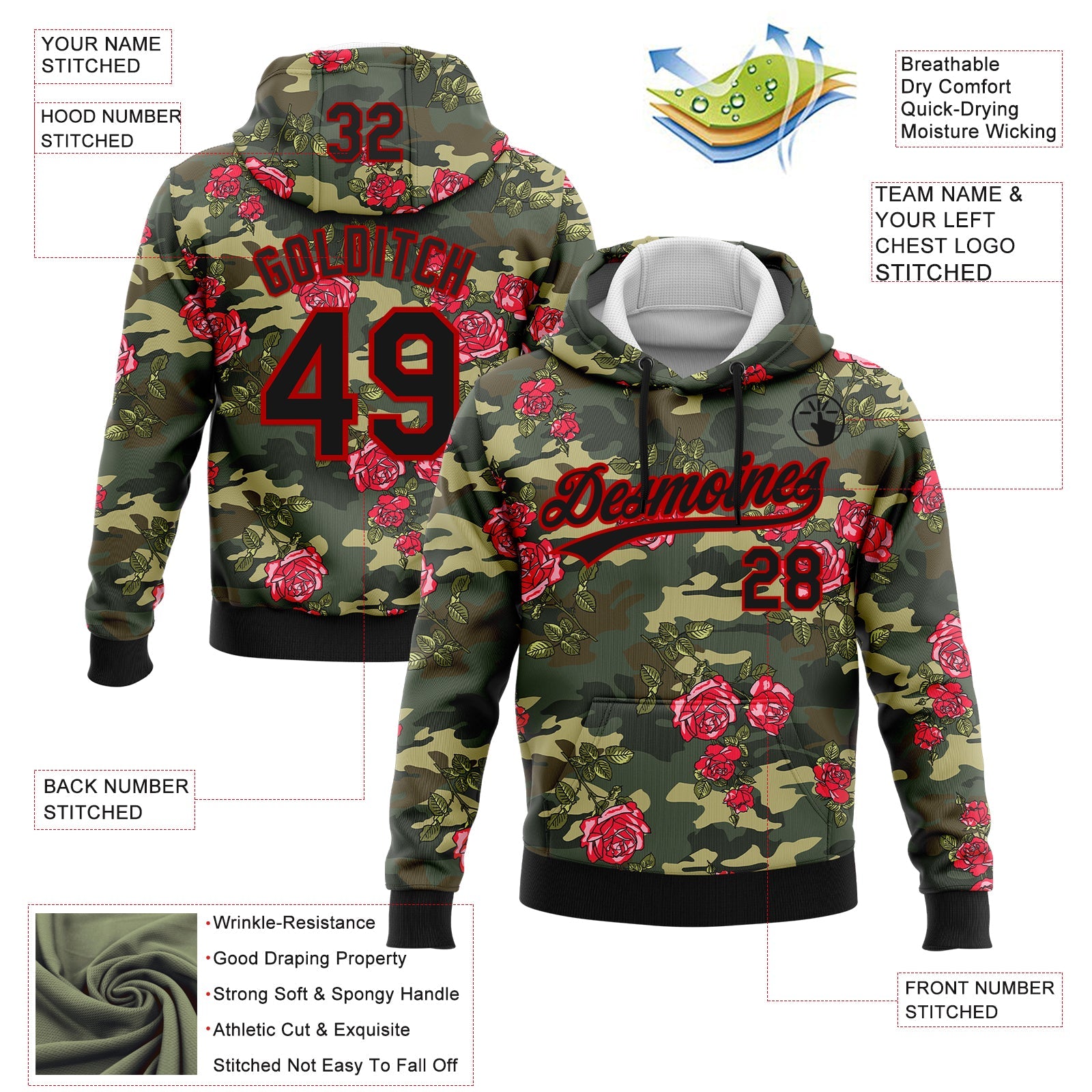 Custom Stitched Camo Black-Red 3D Rose Sports Pullover Sweatshirt Salute To Service Hoodie