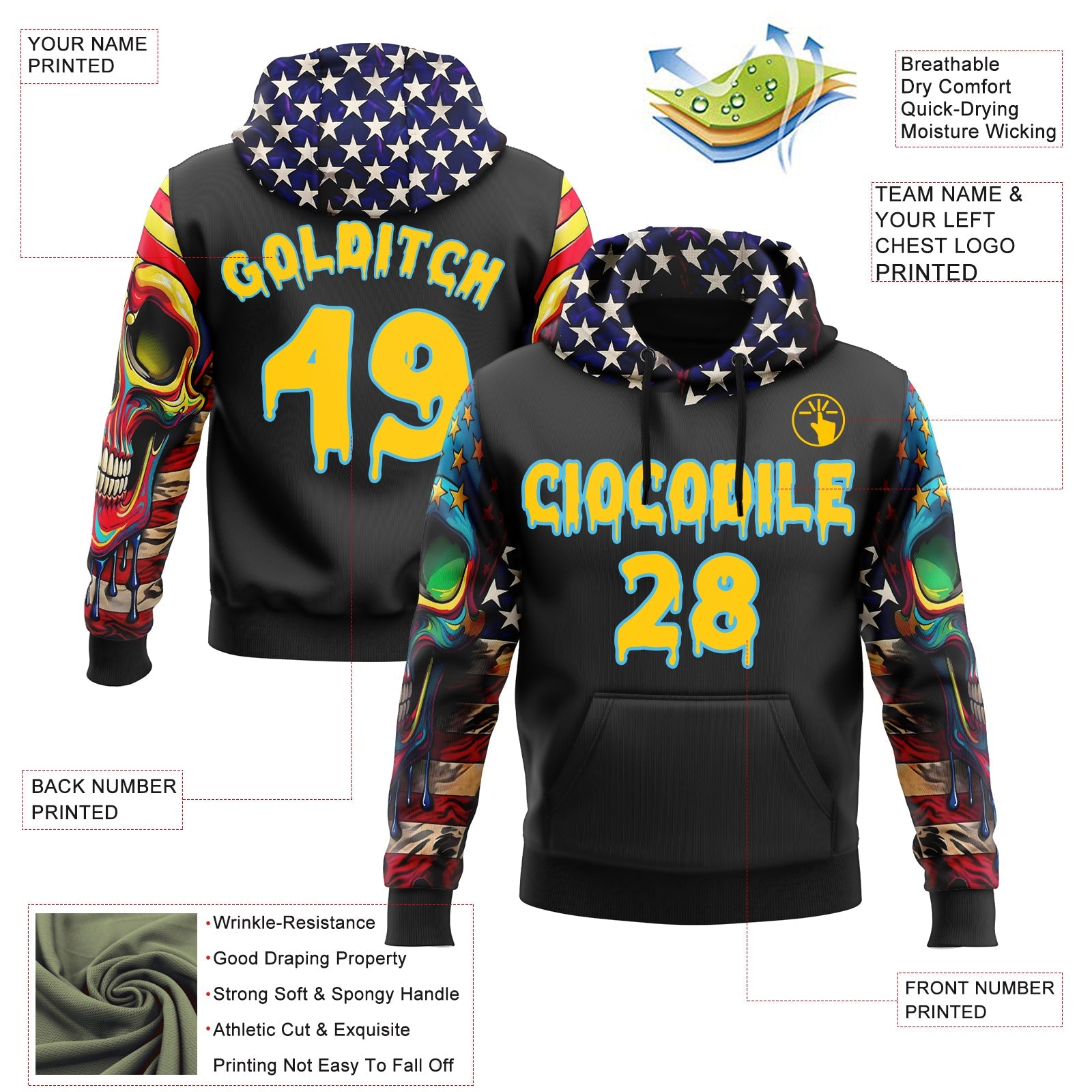 Custom Black Yellow-Sky Blue 3D Skull American Flag Inspired Graffiti Sports Pullover Sweatshirt Hoodie