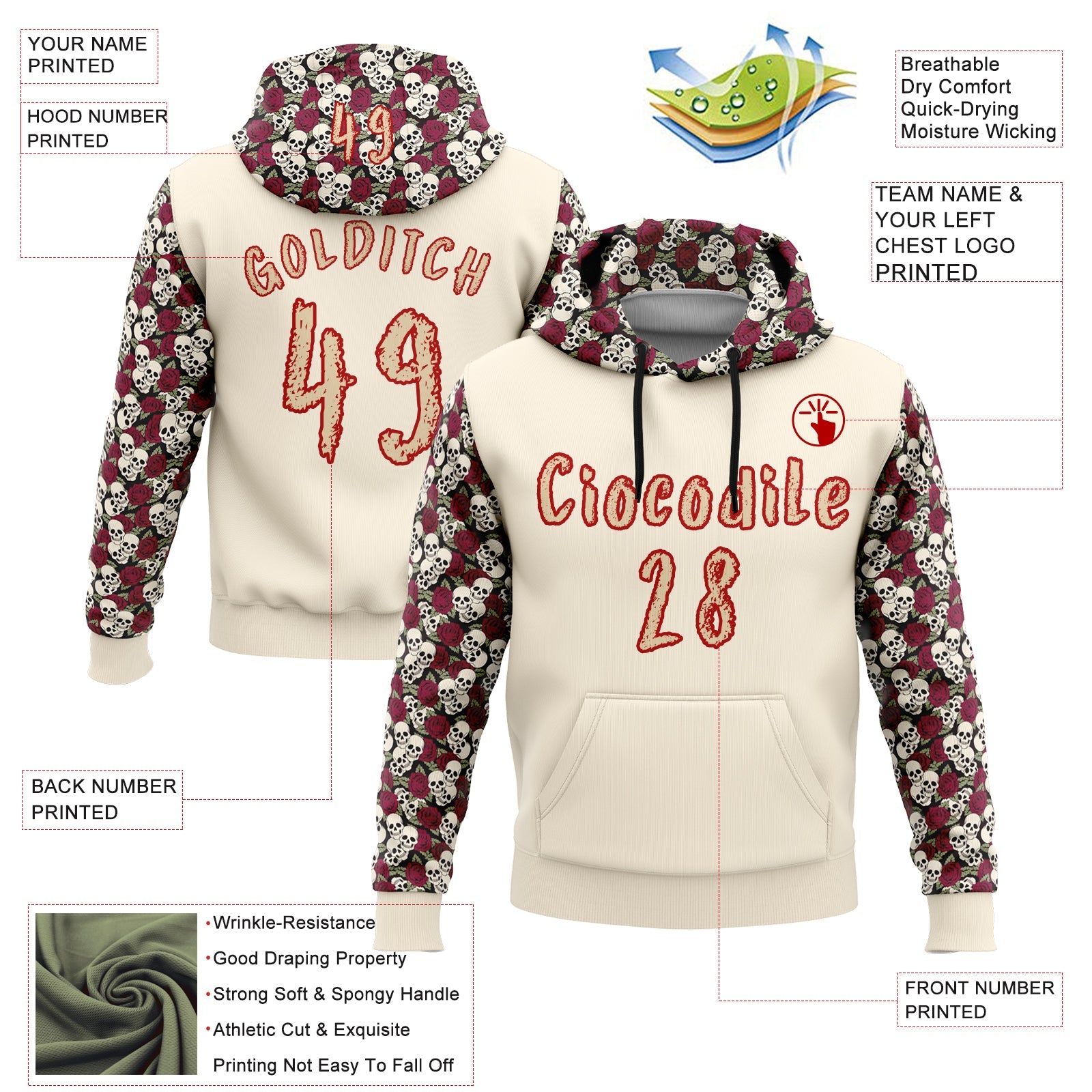 Custom City Cream Red 3D Skull Roses Floral Sports Pullover Sweatshirt Hoodie