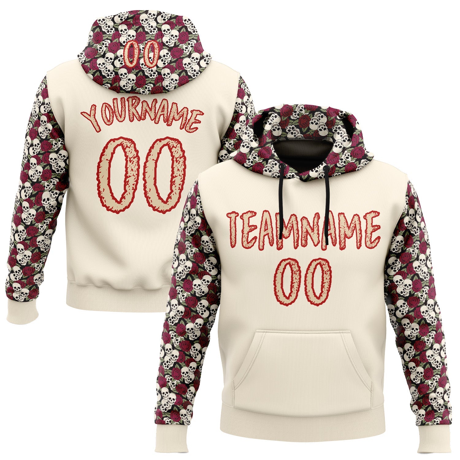 Custom City Cream Red 3D Skull Roses Floral Sports Pullover Sweatshirt Hoodie