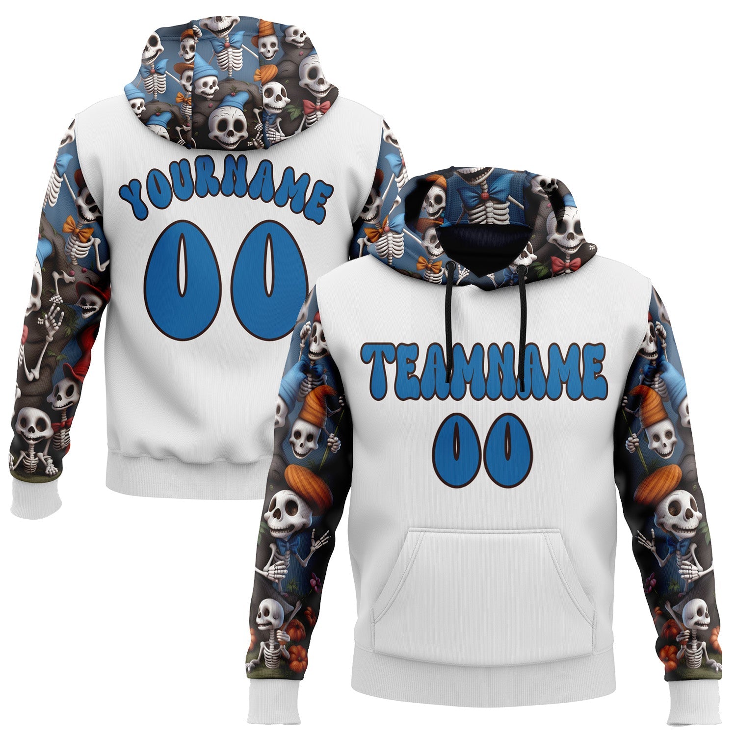 Custom White Blue-Brown 3D Skull Funny Sports Pullover Sweatshirt Hoodie