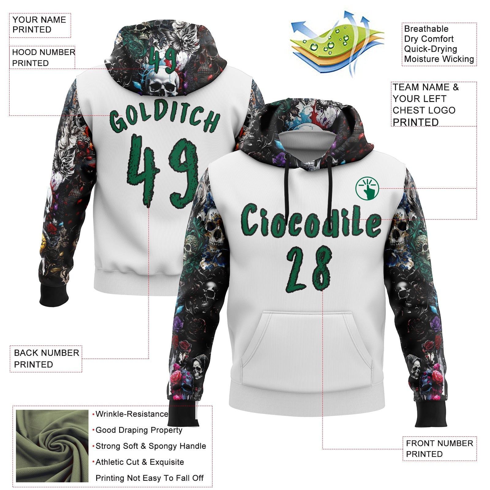 Custom White Kelly Green-Black 3D Skull Roses Floral Sports Pullover Sweatshirt Hoodie