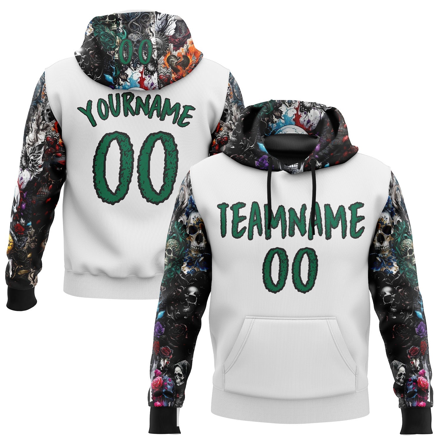 Custom White Kelly Green-Black 3D Skull Roses Floral Sports Pullover Sweatshirt Hoodie