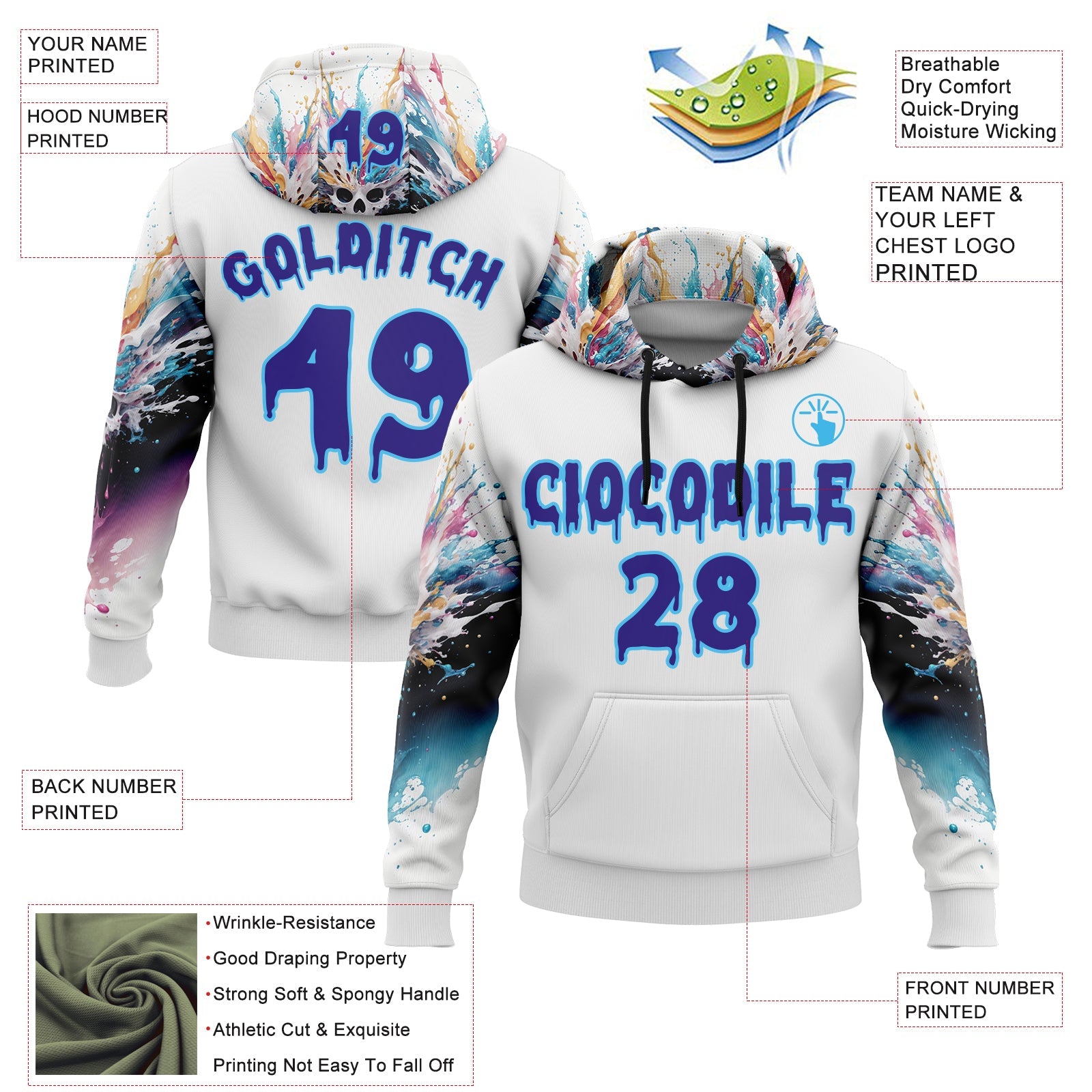 Custom White Dark Purple-Sky Blue 3D Skull Splash Graffiti Sports Pullover Sweatshirt Hoodie