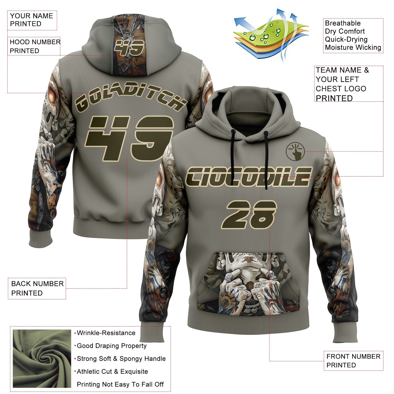 Custom Gray Olive-City Cream 3D Skull Tattoo Sports Pullover Sweatshirt Hoodie