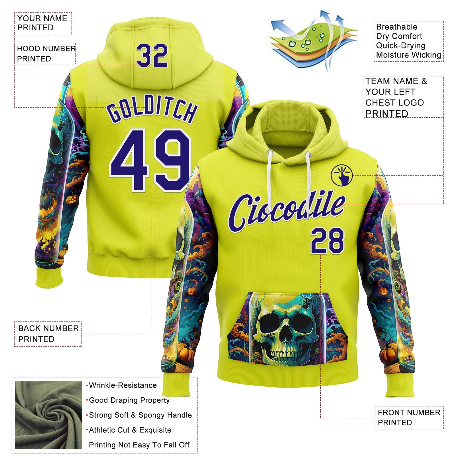 Custom Neon Yellow Dark Purple-White 3D Skull Psychedelic Sports Pullover Sweatshirt Hoodie