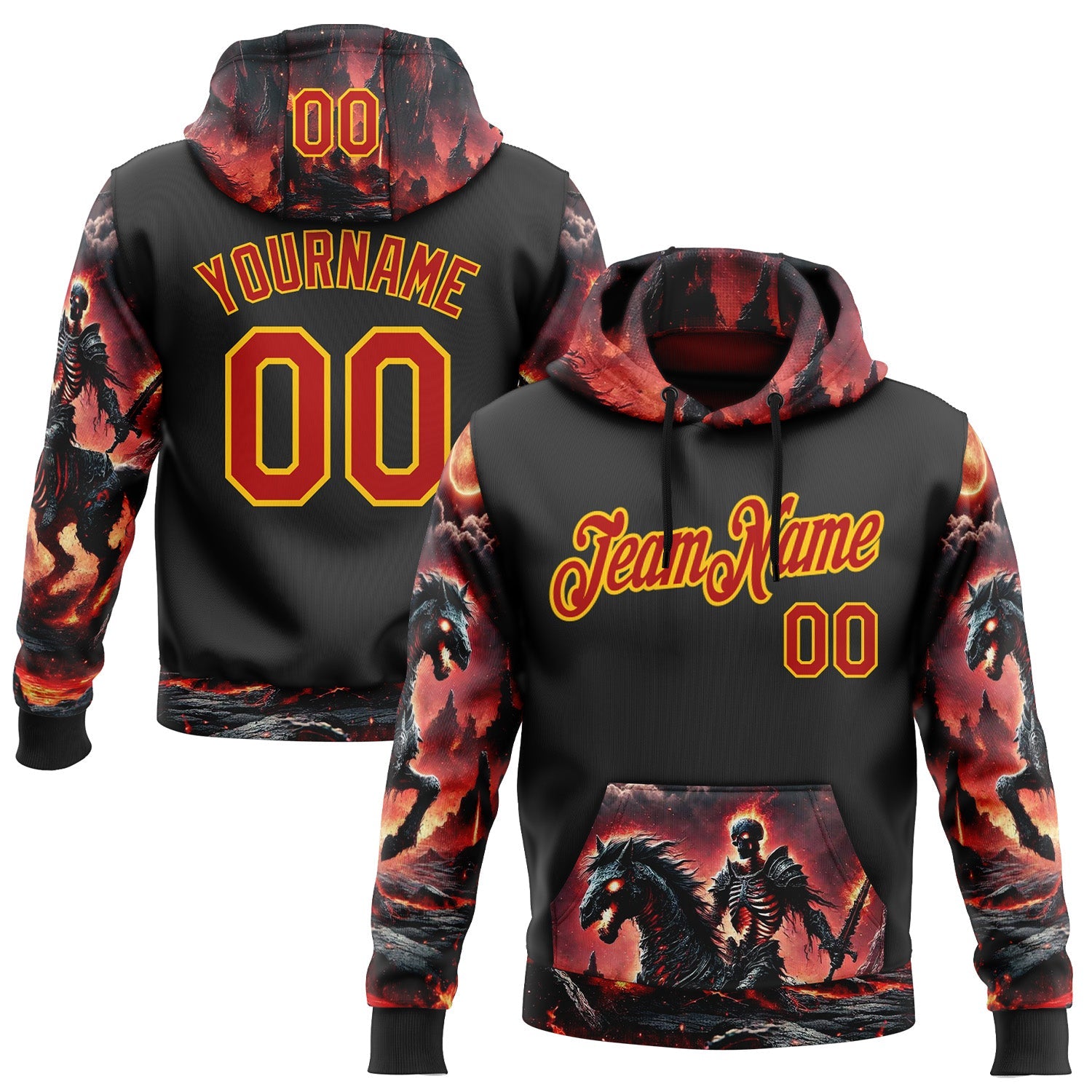 Custom Black Red-Yellow 3D Skull Flame Knight Sports Pullover Sweatshirt Hoodie