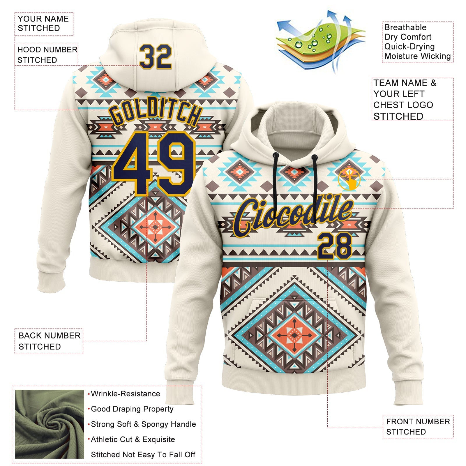 Custom Stitched Cream Navy Blue Orange Gray-Gold 3D Mexico Aztec Pattern Sports Pullover Sweatshirt Hoodie