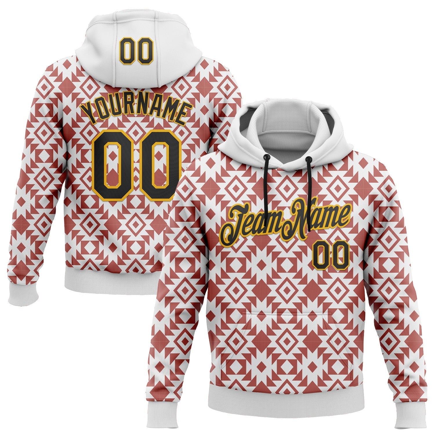 Custom Stitched White Black Red-Gold 3D Mexico Aztec Pattern Sports Pullover Sweatshirt Hoodie