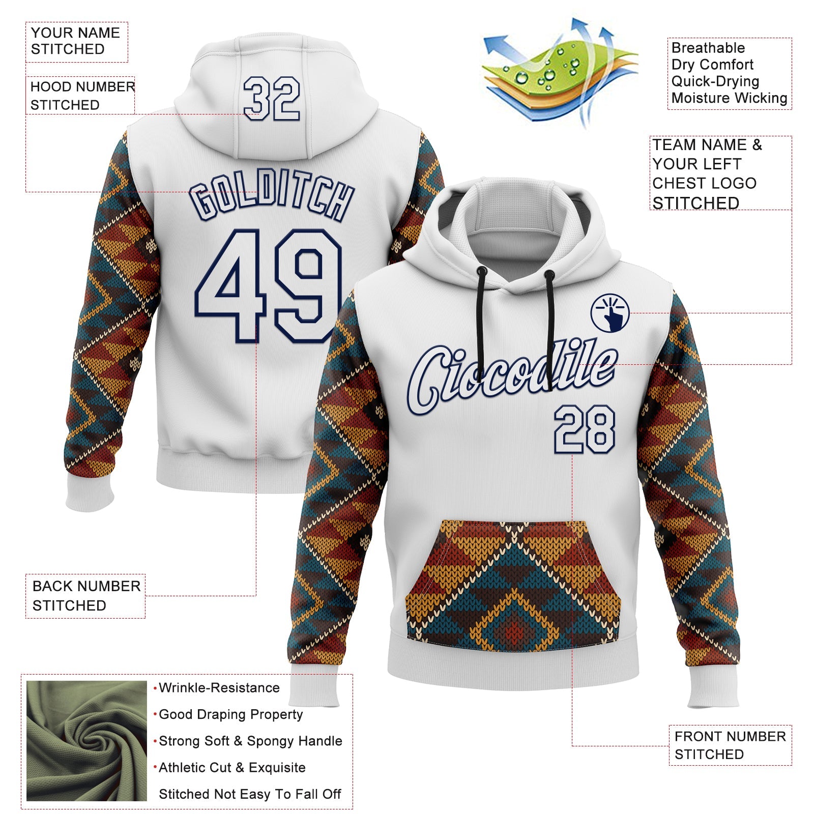 Custom Stitched White Yellow Red Blue-Navy 3D Mexico Aztec Pattern Sports Pullover Sweatshirt Hoodie