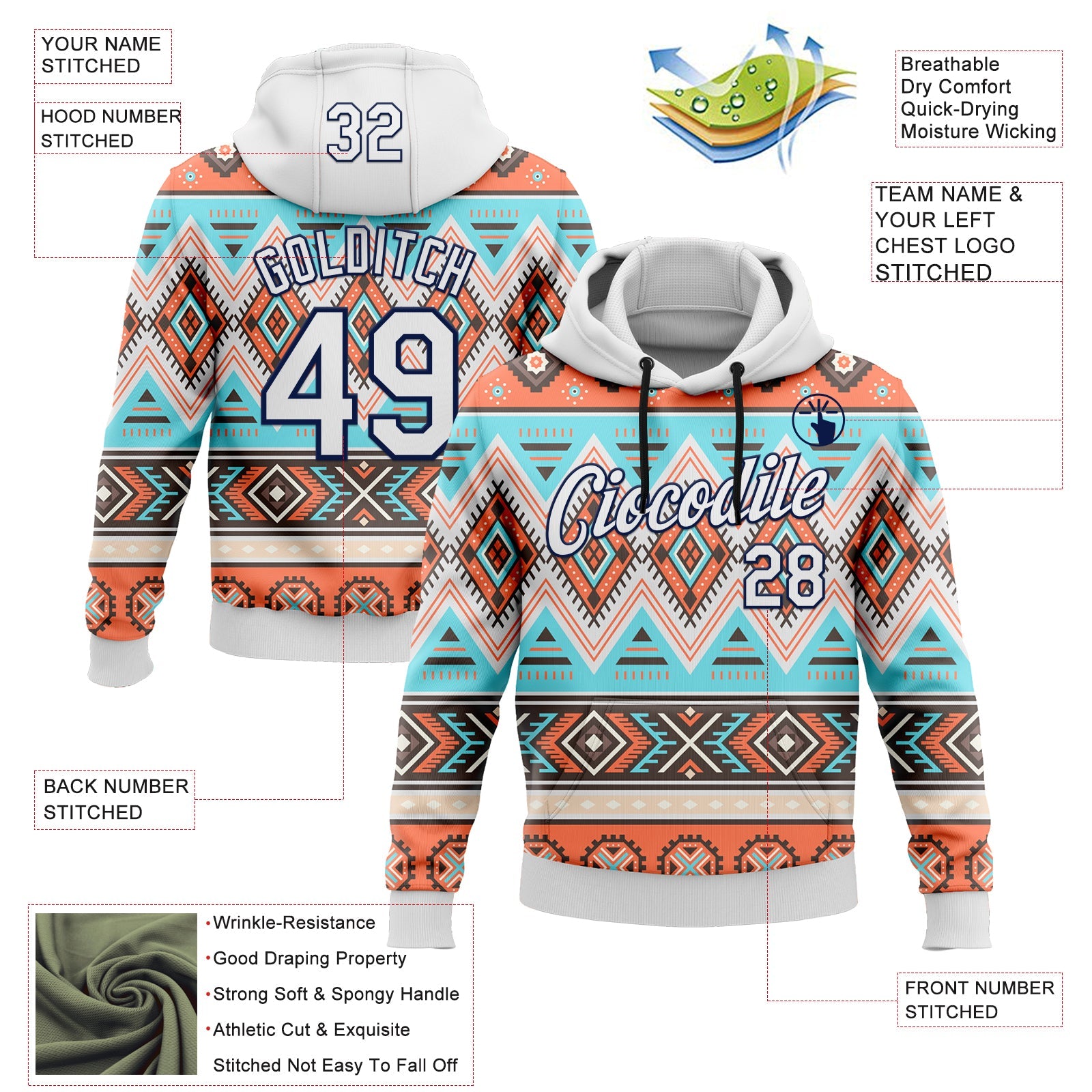 Custom Stitched White Gray Orange Blue-Navy 3D Mexico Aztec Pattern Sports Pullover Sweatshirt Hoodie