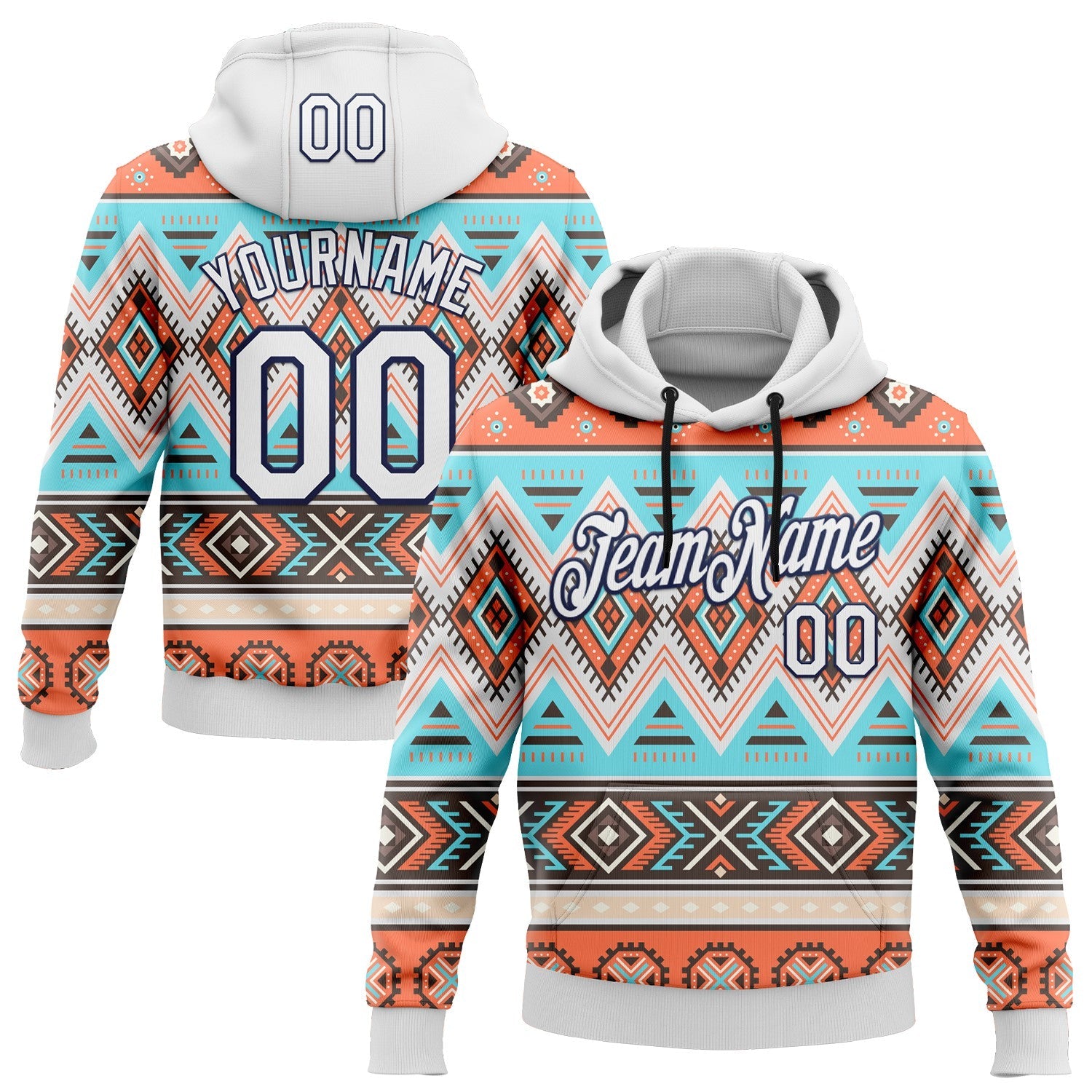 Custom Stitched White Gray Orange Blue-Navy 3D Mexico Aztec Pattern Sports Pullover Sweatshirt Hoodie