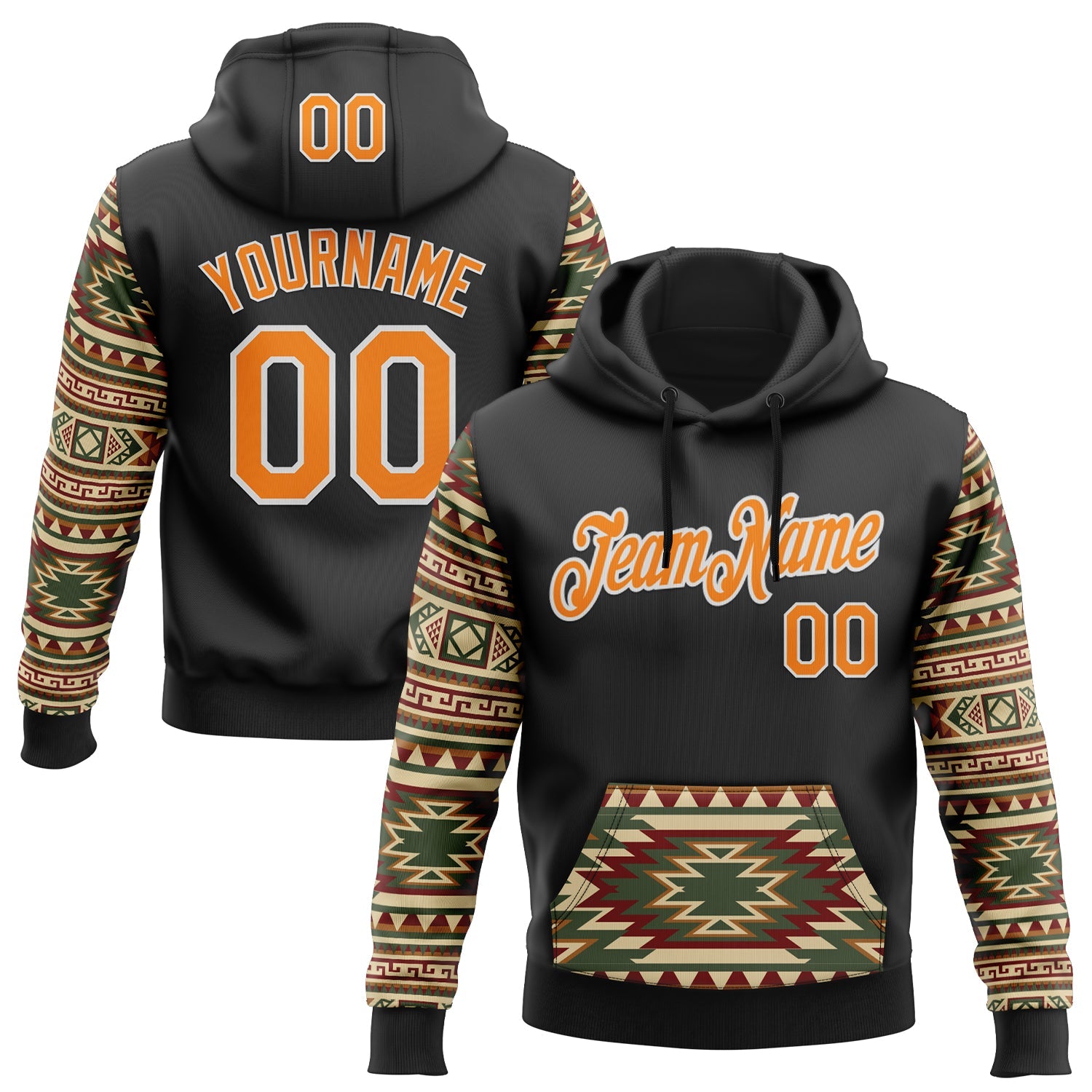 Custom Stitched Black Bay Orange Cream Red Green-White 3D Mexico Aztec Pattern Sports Pullover Sweatshirt Hoodie