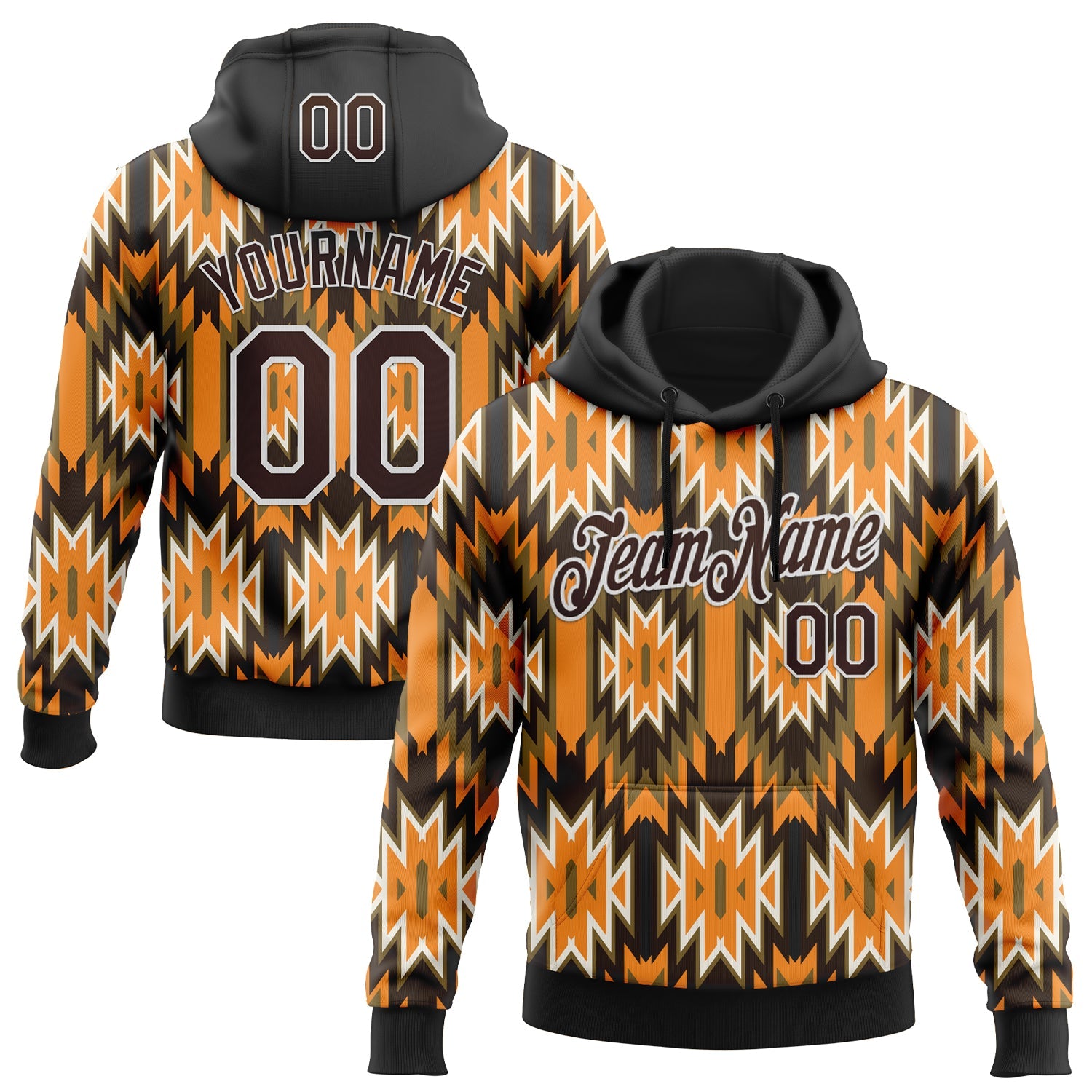 Custom Stitched Black Brown Orange Green-White 3D Mexico Aztec Pattern Sports Pullover Sweatshirt Hoodie