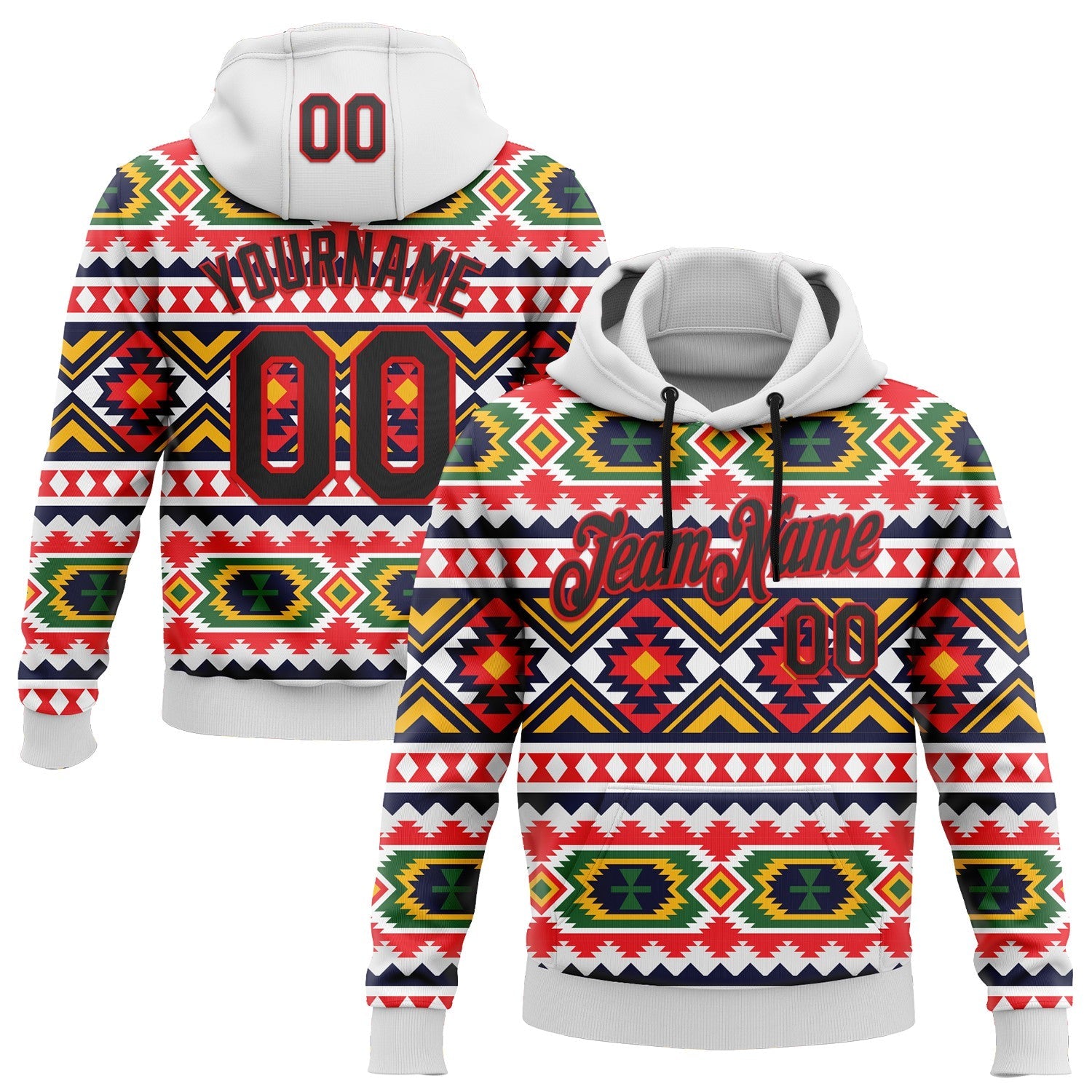 Custom Stitched White Black Yellow Green-Fire Red 3D Mexico Aztec Pattern Sports Pullover Sweatshirt Hoodie