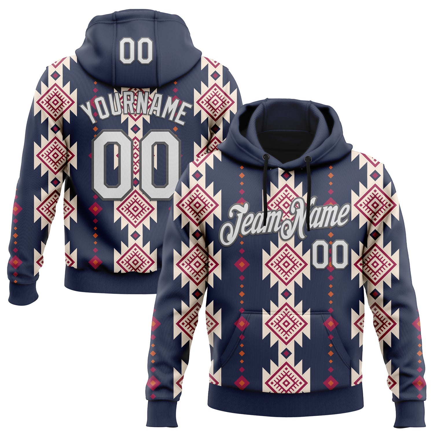 Custom Stitched Navy White Cream Red-Steel Gray 3D Mexico Aztec Pattern Sports Pullover Sweatshirt Hoodie