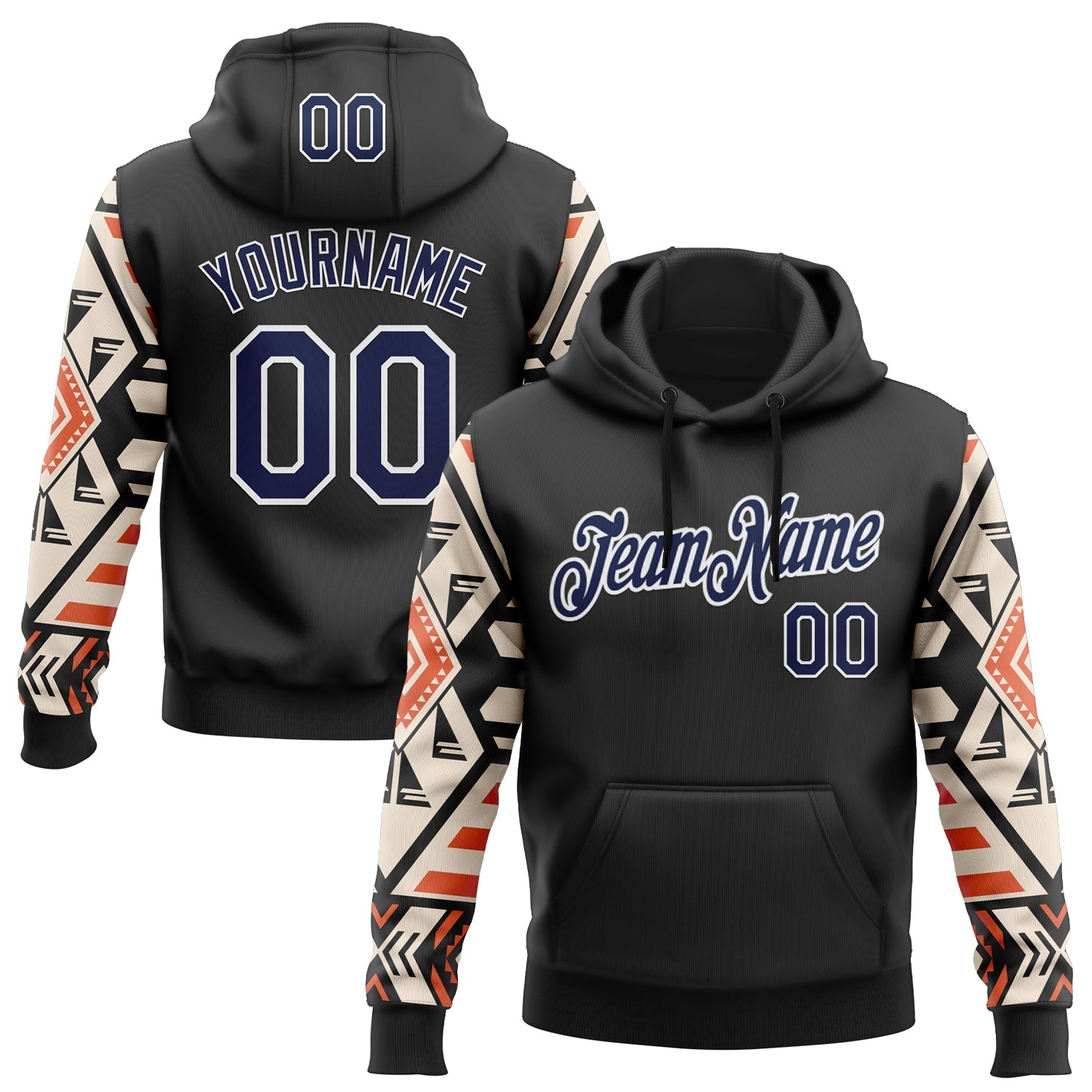 Custom Stitched Black Navy Cream Orange-White 3D Mexico Aztec Pattern Sports Pullover Sweatshirt Hoodie