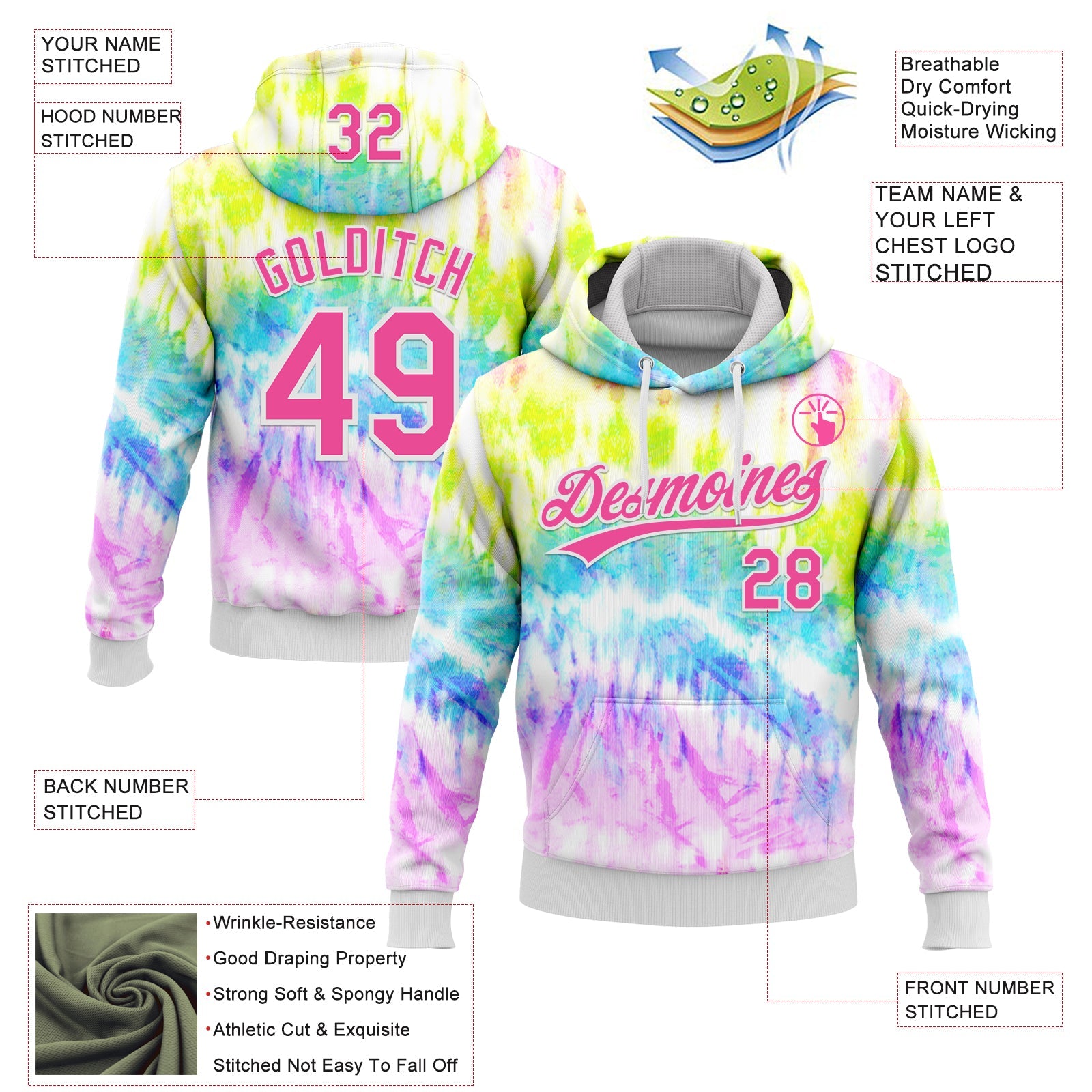 Custom Stitched Tie Dye Pink-White 3D Sports Pullover Sweatshirt Hoodie