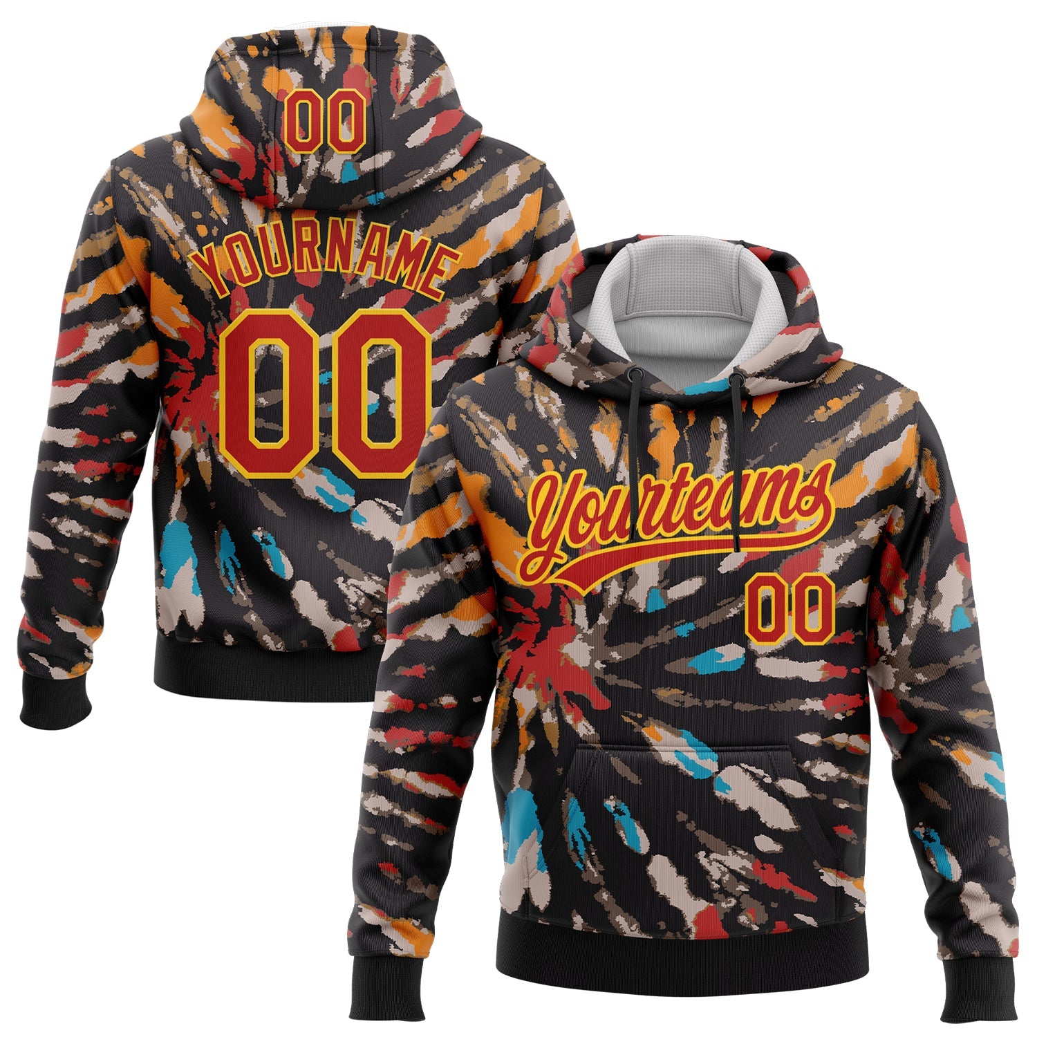 Custom Stitched Tie Dye Red-Yellow 3D Sports Pullover Sweatshirt Hoodie