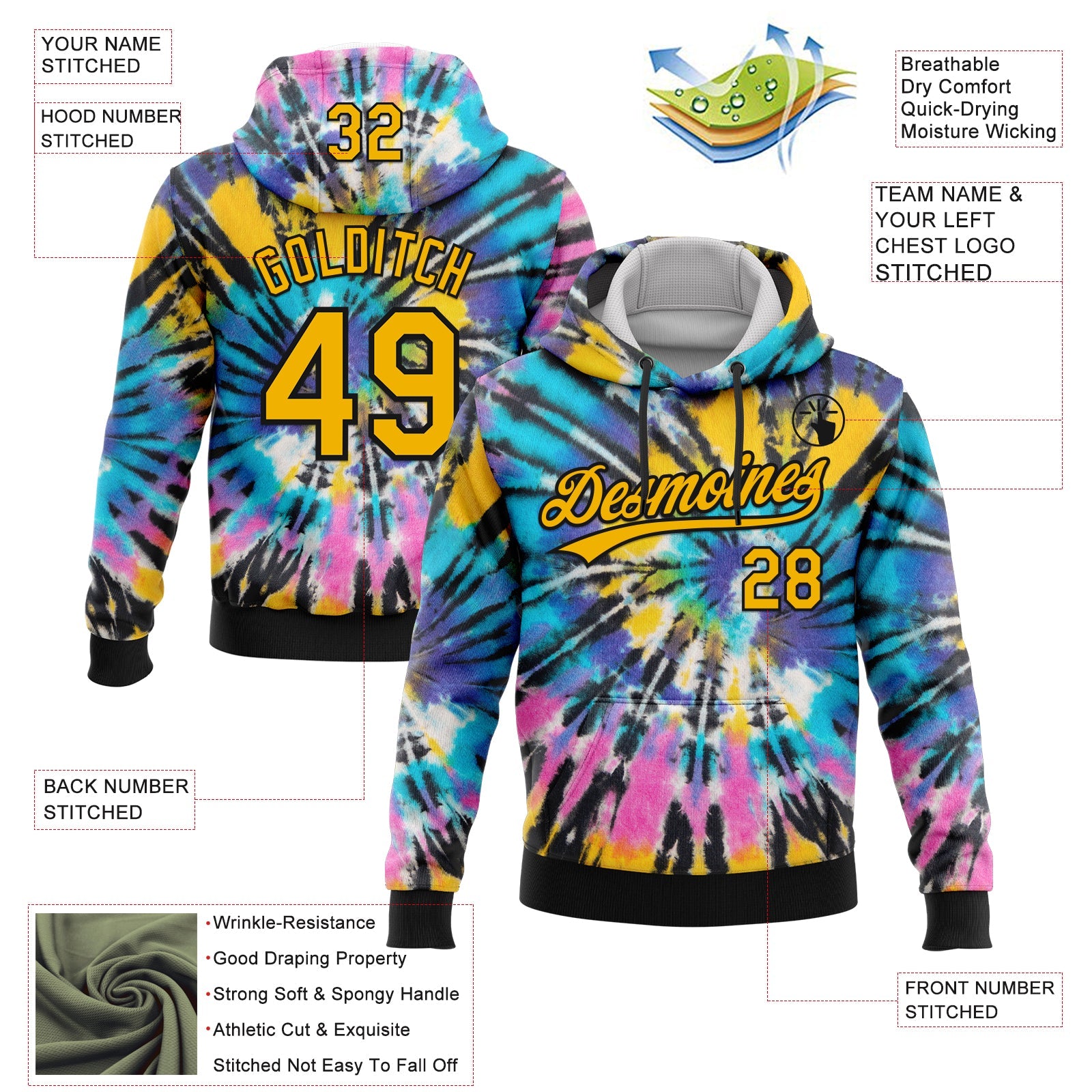 Custom Stitched Tie Dye Gold-Black 3D Sports Pullover Sweatshirt Hoodie