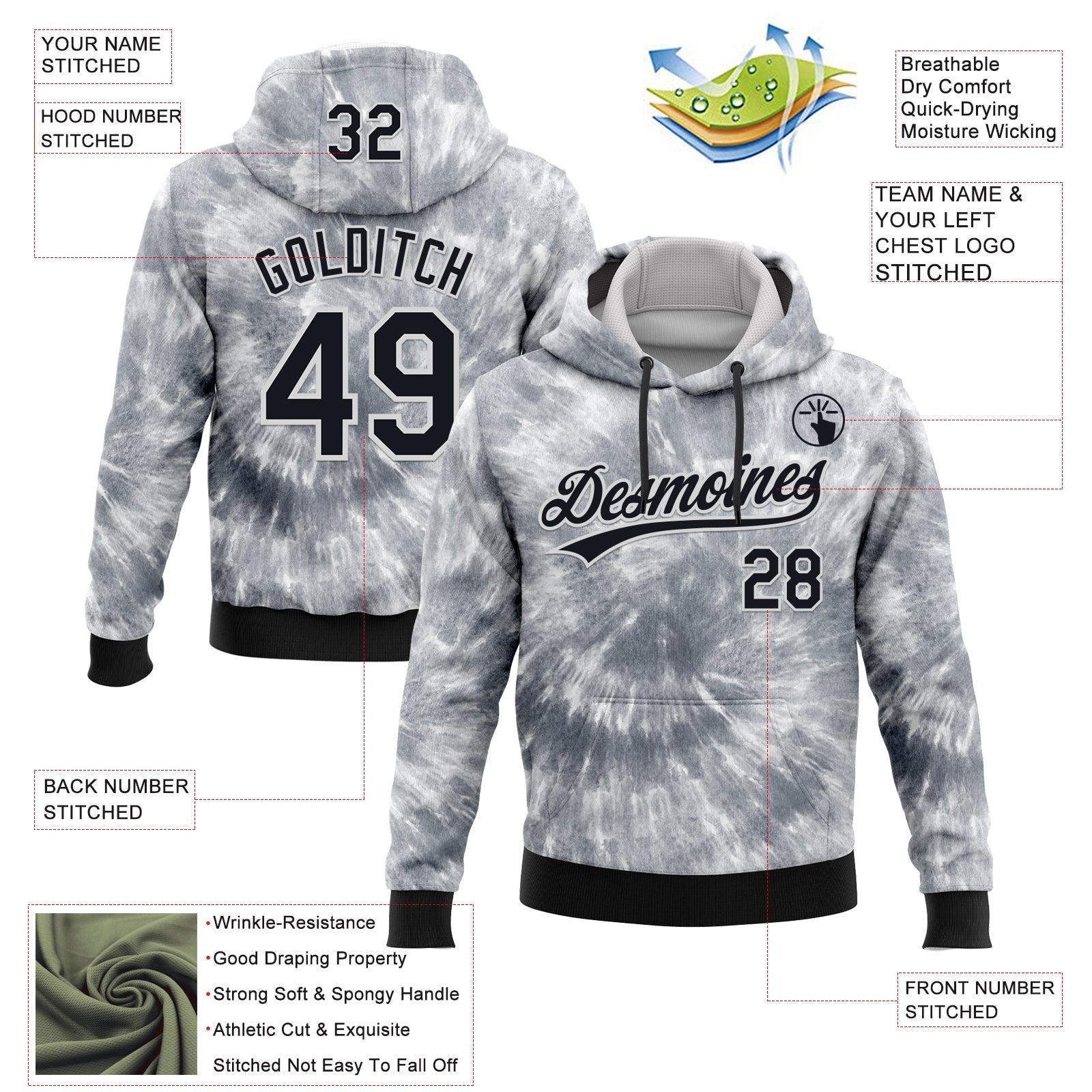 Custom Stitched Tie Dye Black-White 3D Sports Pullover Sweatshirt Hoodie