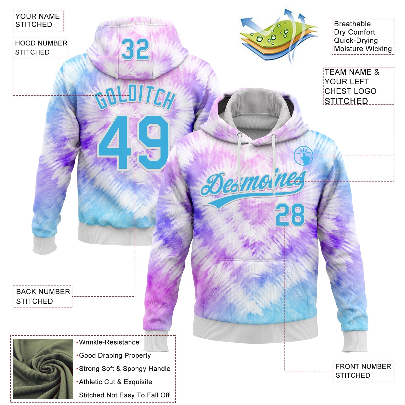 Custom Stitched Tie Dye Sky Blue-White 3D Sports Pullover Sweatshirt Hoodie