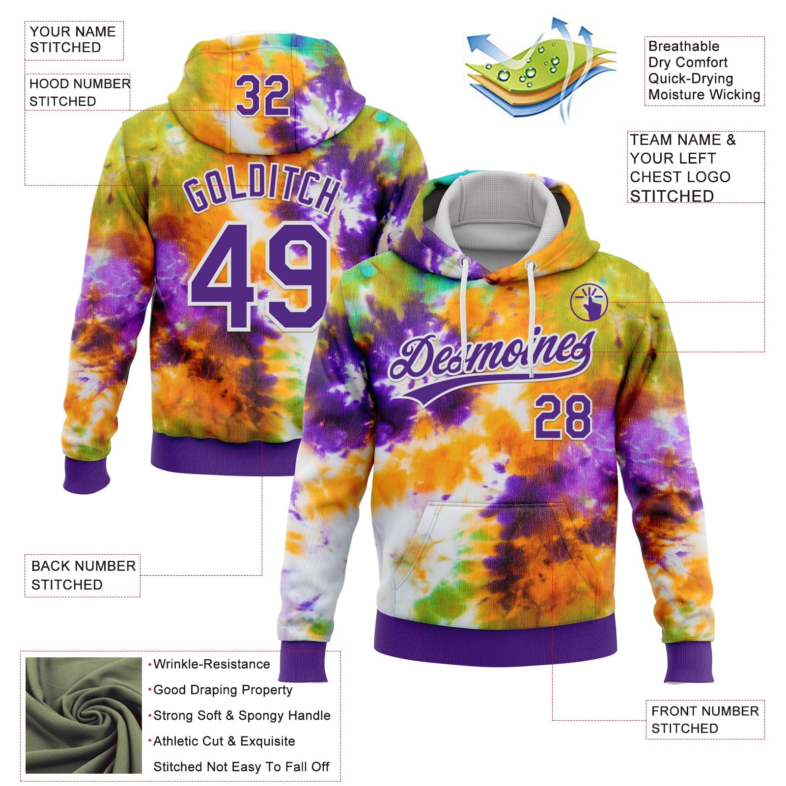Custom Stitched Tie Dye Purple-White 3D Sports Pullover Sweatshirt Hoodie