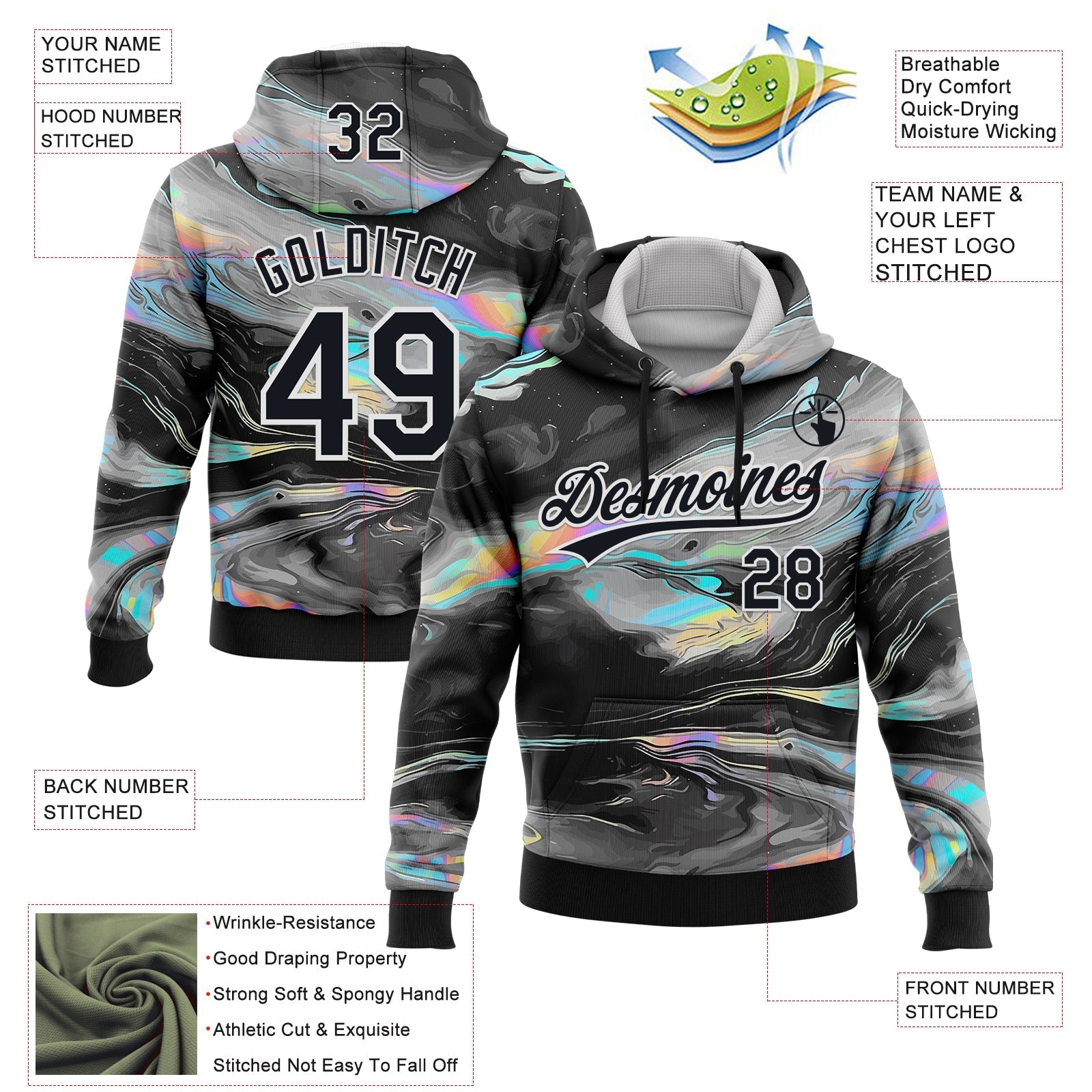 Custom Stitched Black White 3D Pattern Design Abstract Psychedelic Fluid Art Sports Pullover Sweatshirt Hoodie