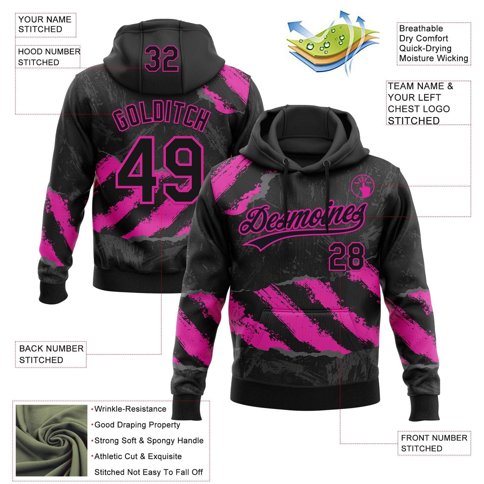 Custom Stitched Black Deep Pink-Steel Gray 3D Pattern Design Splash Sports Pullover Sweatshirt Hoodie