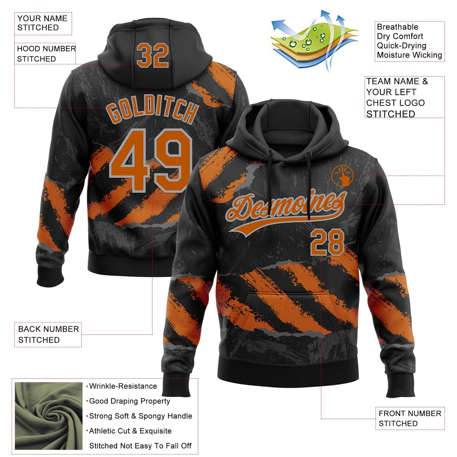 Custom Stitched Black Texas Orange Steel Gray-Gray 3D Pattern Design Splash Sports Pullover Sweatshirt Hoodie
