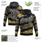 Custom Stitched Black Old Gold-White 3D Pattern Design Torn Paper Style Sports Pullover Sweatshirt Hoodie