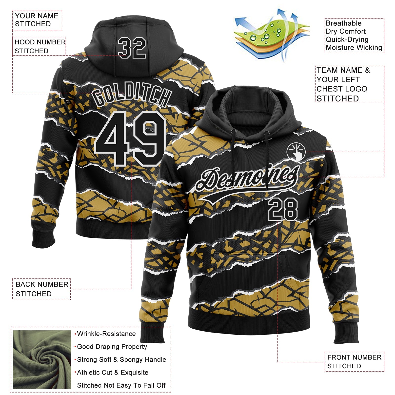 Custom Stitched Black Old Gold-White 3D Pattern Design Torn Paper Style Sports Pullover Sweatshirt Hoodie