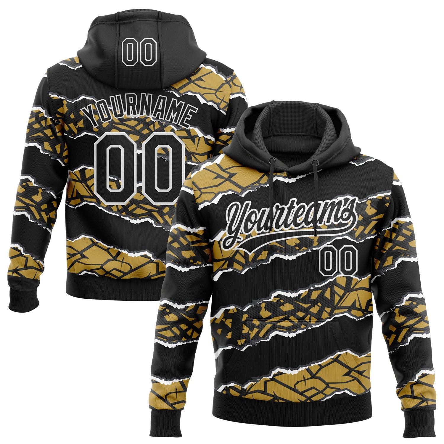 Custom Stitched Black Old Gold-White 3D Pattern Design Torn Paper Style Sports Pullover Sweatshirt Hoodie