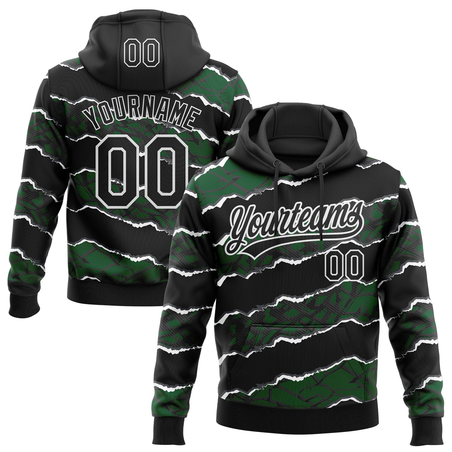 Custom Stitched Black Green-White 3D Pattern Design Torn Paper Style Sports Pullover Sweatshirt Hoodie
