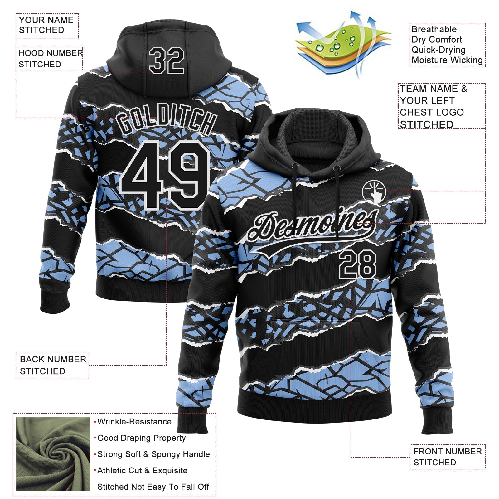 Custom Stitched Black Light Blue-White 3D Pattern Design Torn Paper Style Sports Pullover Sweatshirt Hoodie