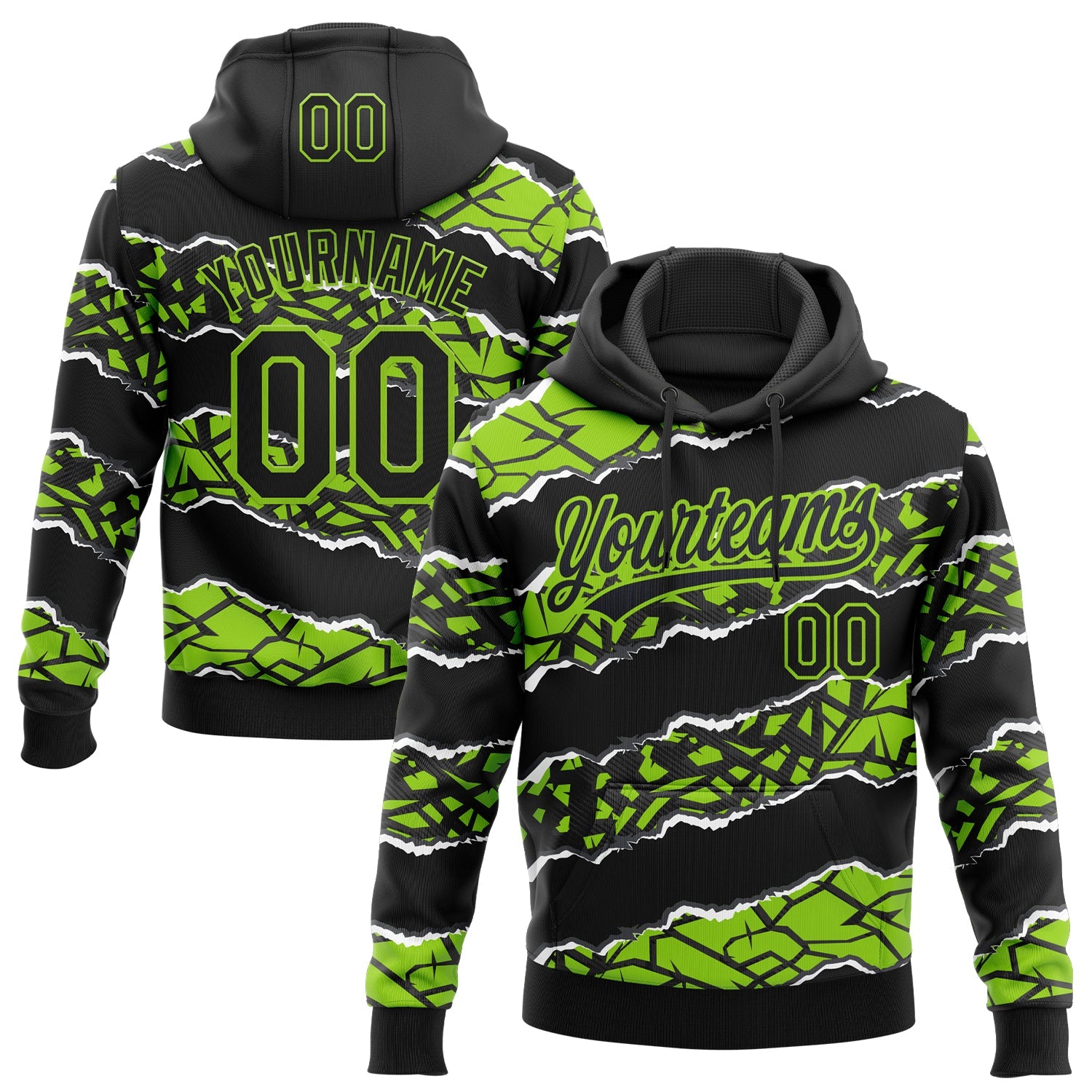 Custom Stitched Black Neon Green-White 3D Pattern Design Torn Paper Style Sports Pullover Sweatshirt Hoodie