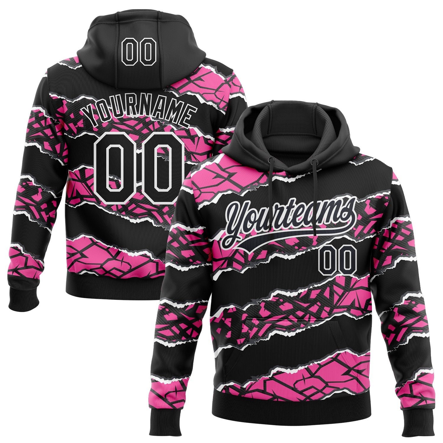 Custom Stitched Black Pink-White 3D Pattern Design Torn Paper Style Sports Pullover Sweatshirt Hoodie
