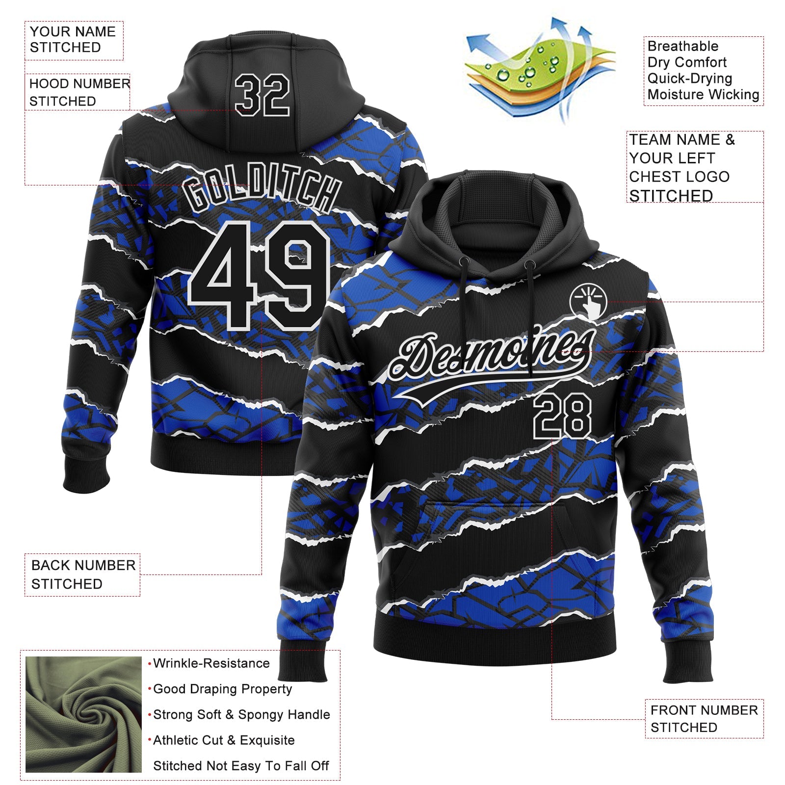 Custom Stitched Black Thunder Blue-White 3D Pattern Design Torn Paper Style Sports Pullover Sweatshirt Hoodie