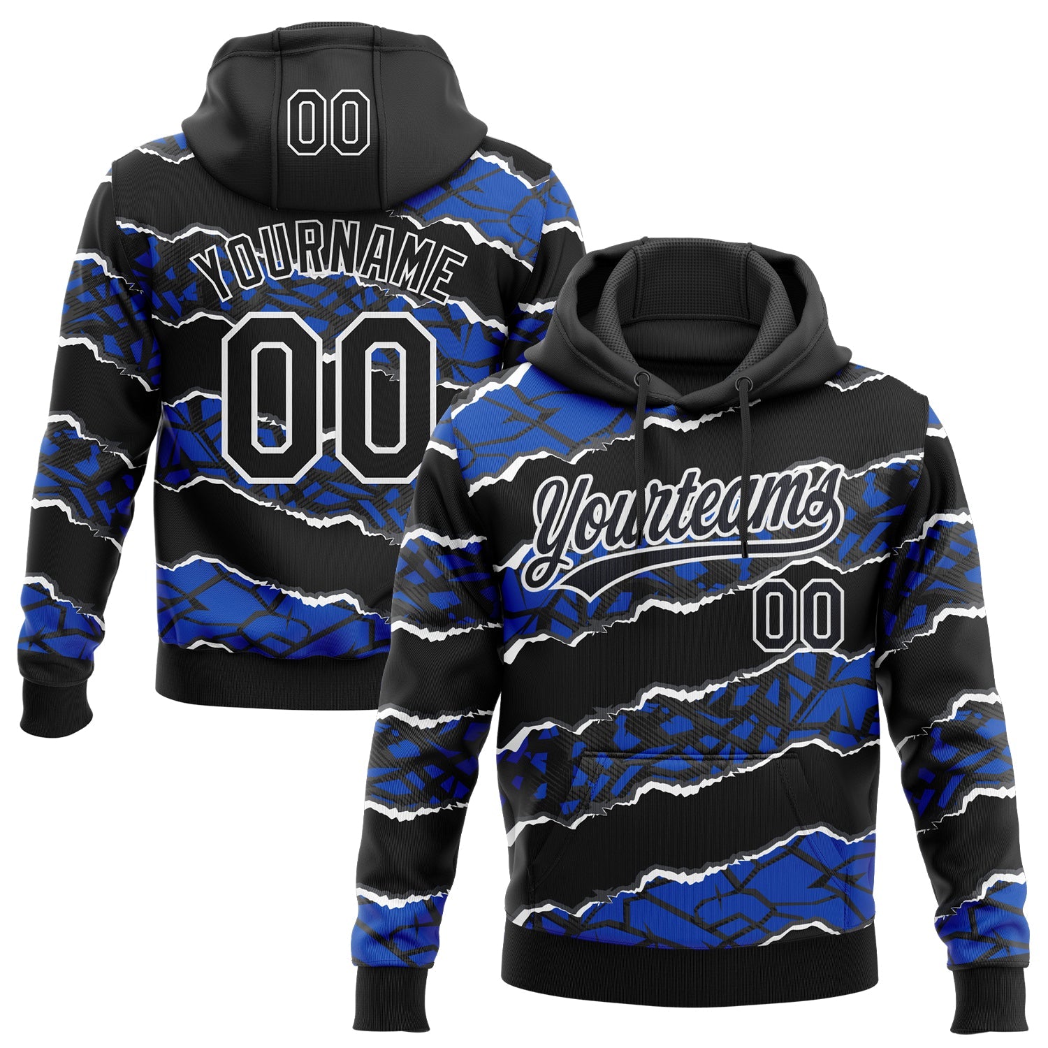 Custom Stitched Black Thunder Blue-White 3D Pattern Design Torn Paper Style Sports Pullover Sweatshirt Hoodie