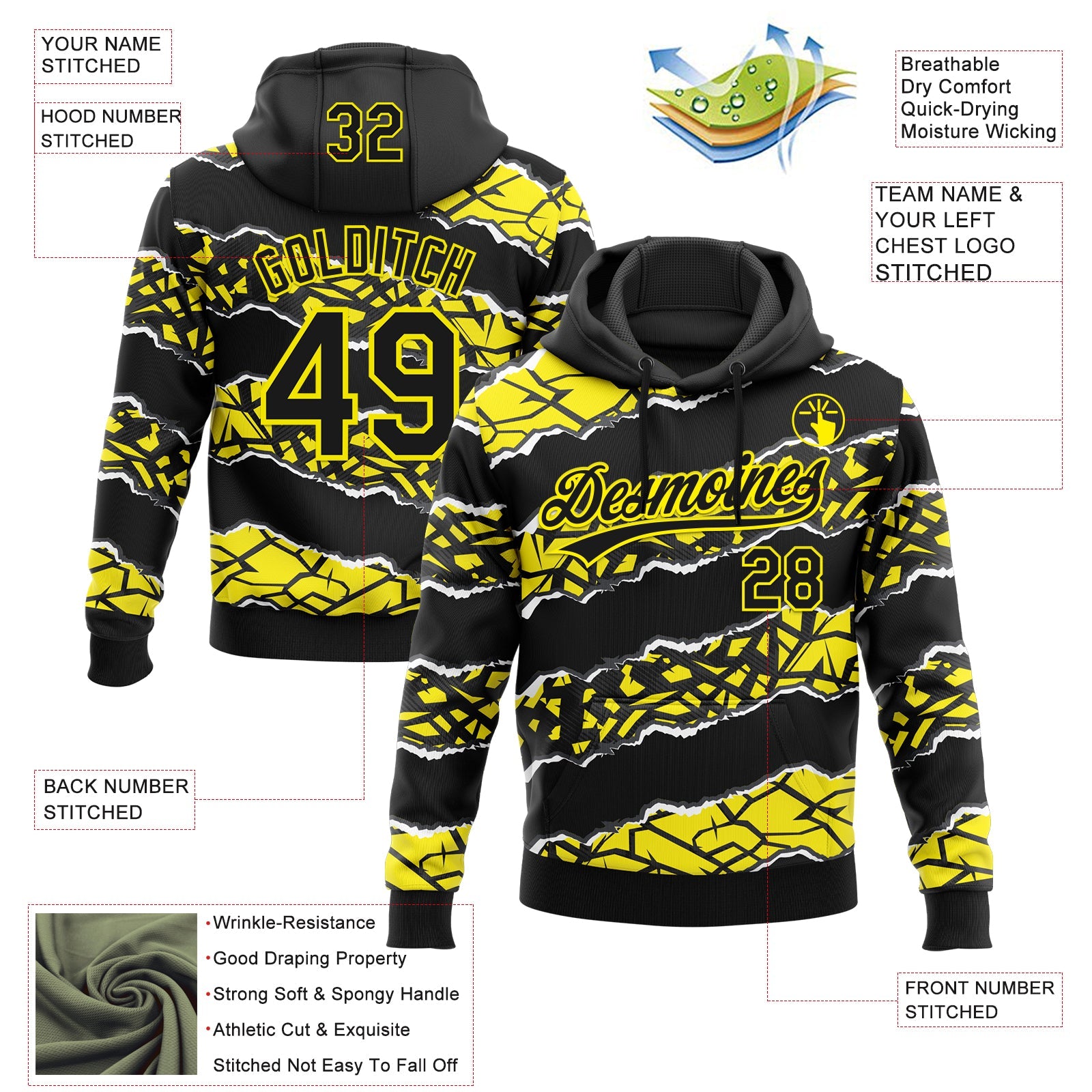 Custom Stitched Black Light Yellow-White 3D Pattern Design Torn Paper Style Sports Pullover Sweatshirt Hoodie