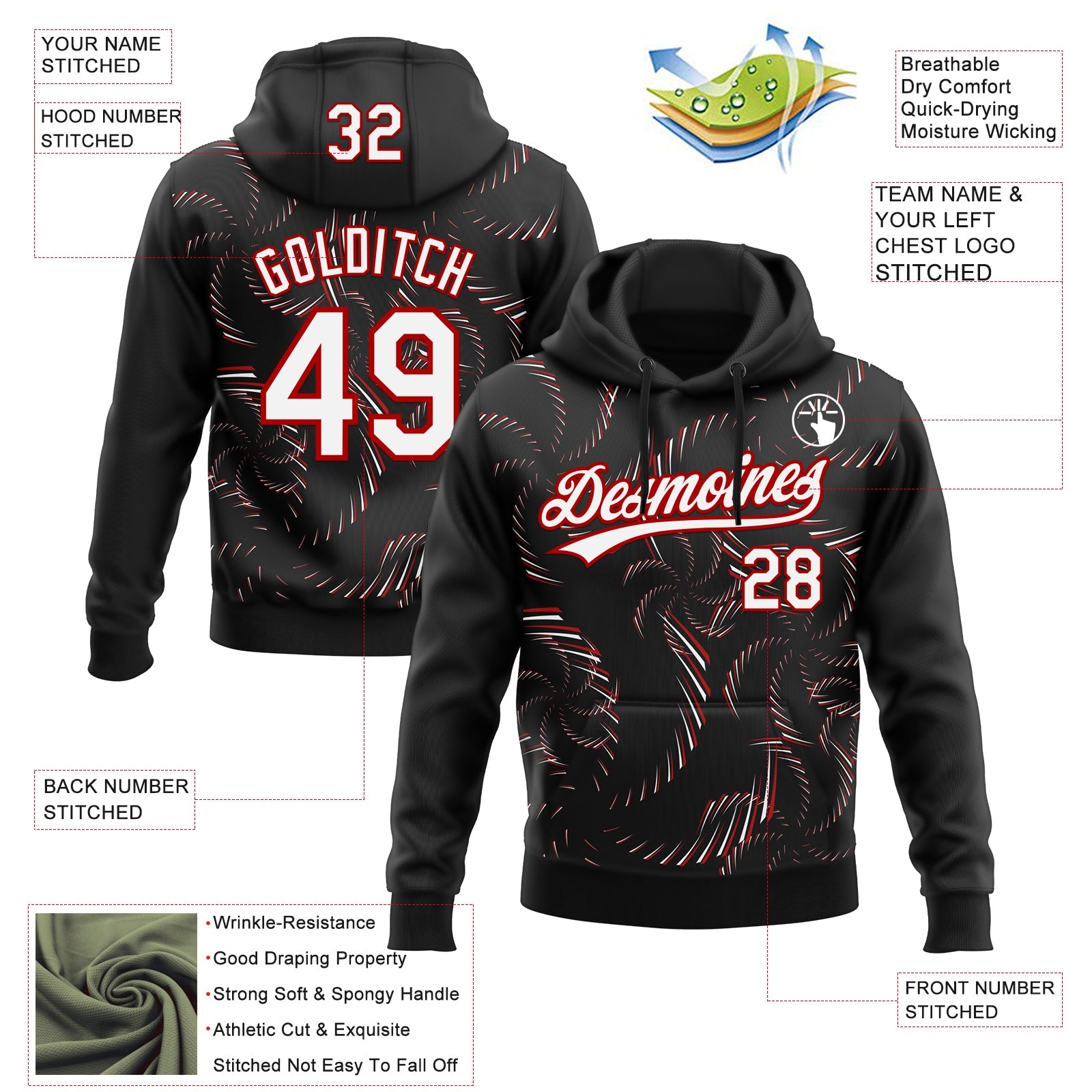 Custom Stitched Black White-Red 3D Pattern Design Line Sportswear Pullover Sweatshirt Hoodie