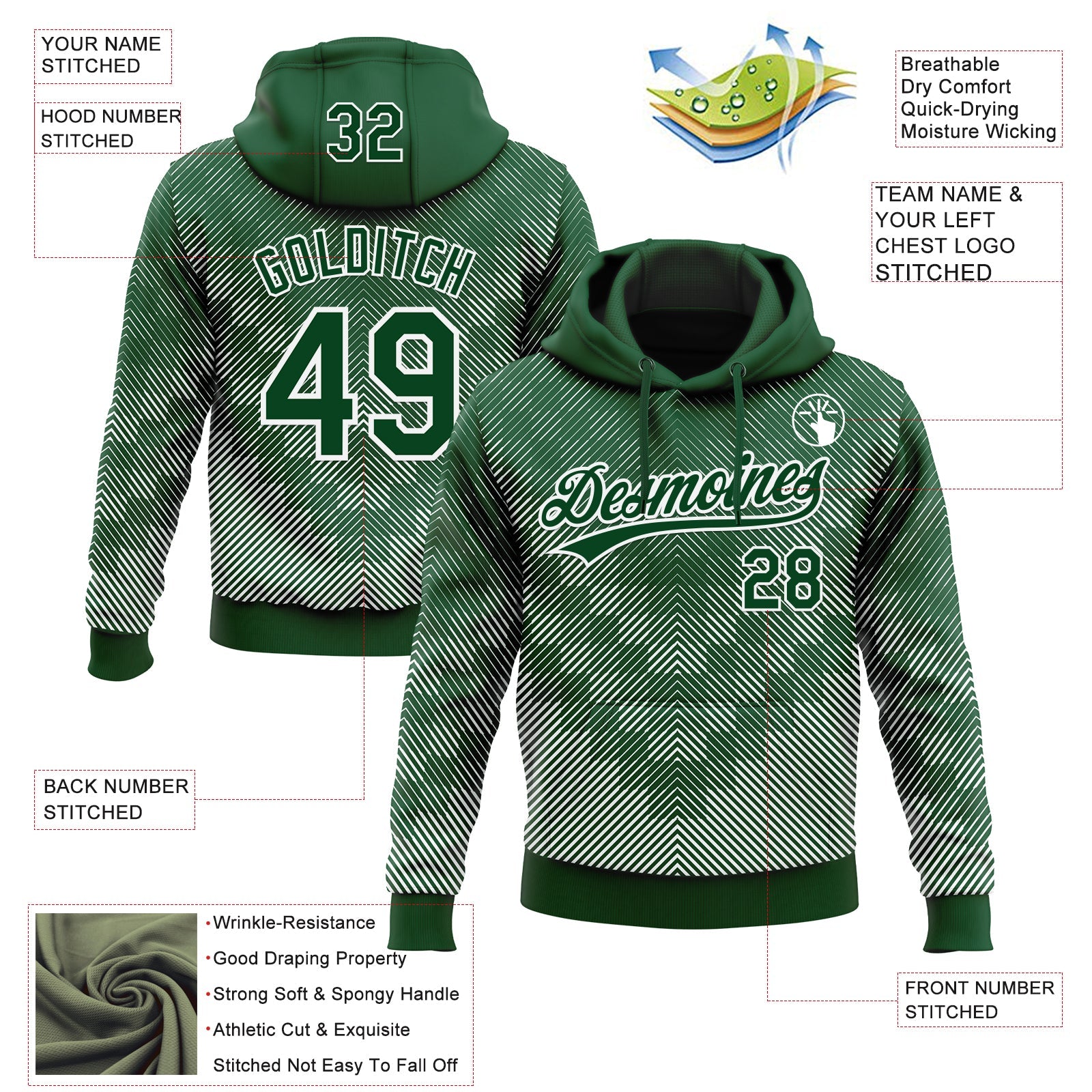 Custom Stitched Green White 3D Pattern Design Line Sportswear Pullover Sweatshirt Hoodie
