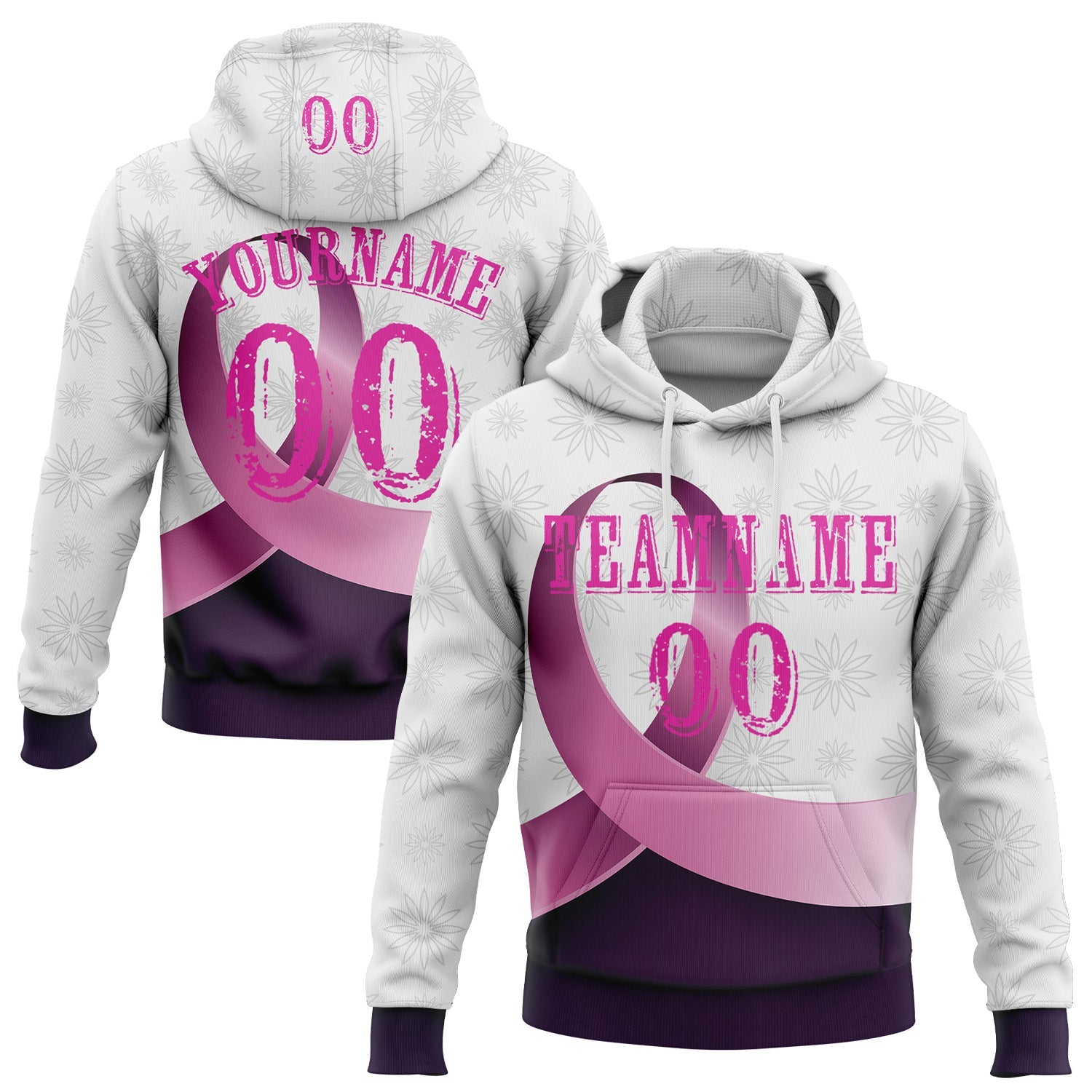 Custom White Deep Pink-Purple 3D Pink Ribbon Breast Cancer Awareness Women Health Care Support Sports Pullover Sweatshirt Hoodie